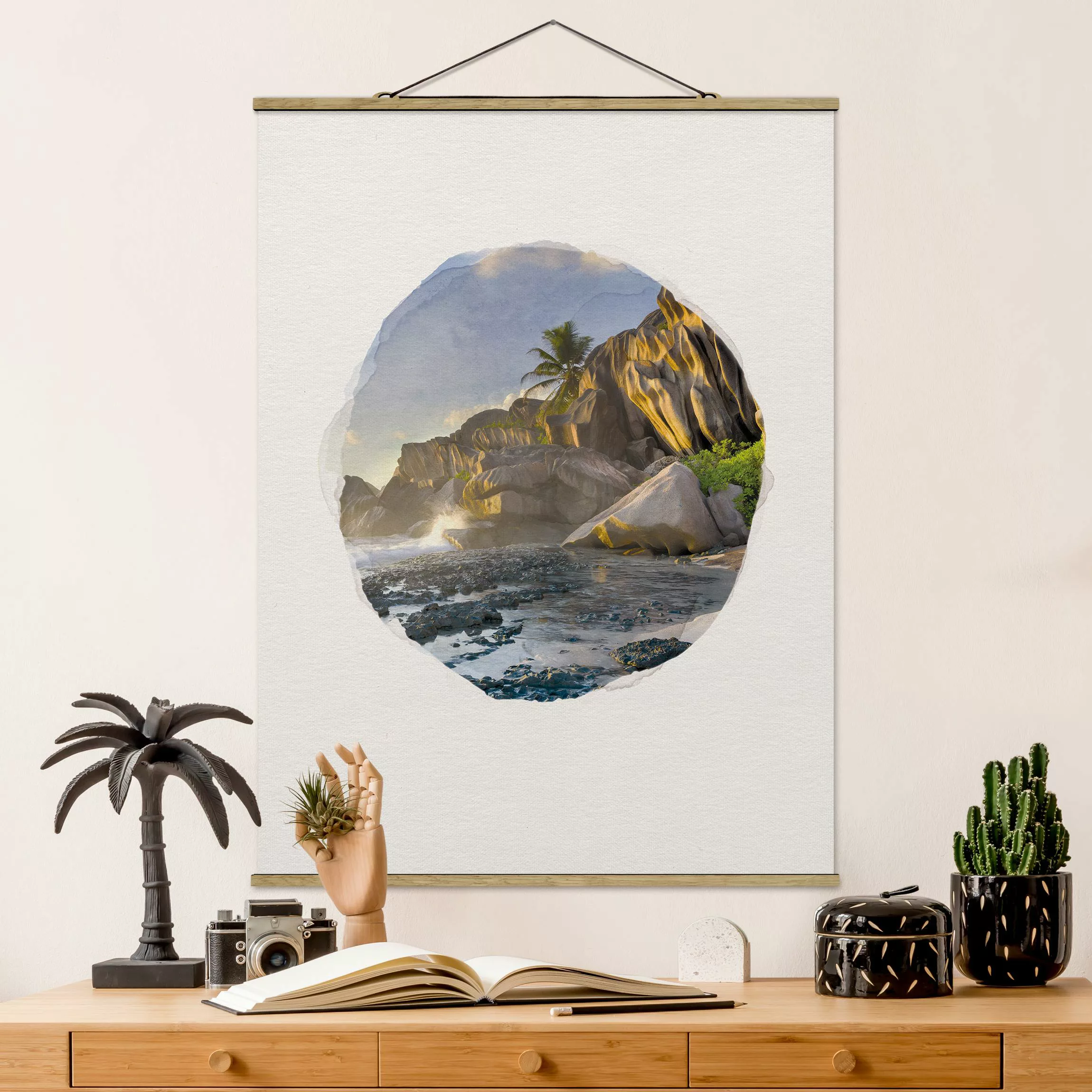 Stoffbild Strand mit Posterleisten - Hochformat Wasserfarben - Sonnenunterg günstig online kaufen