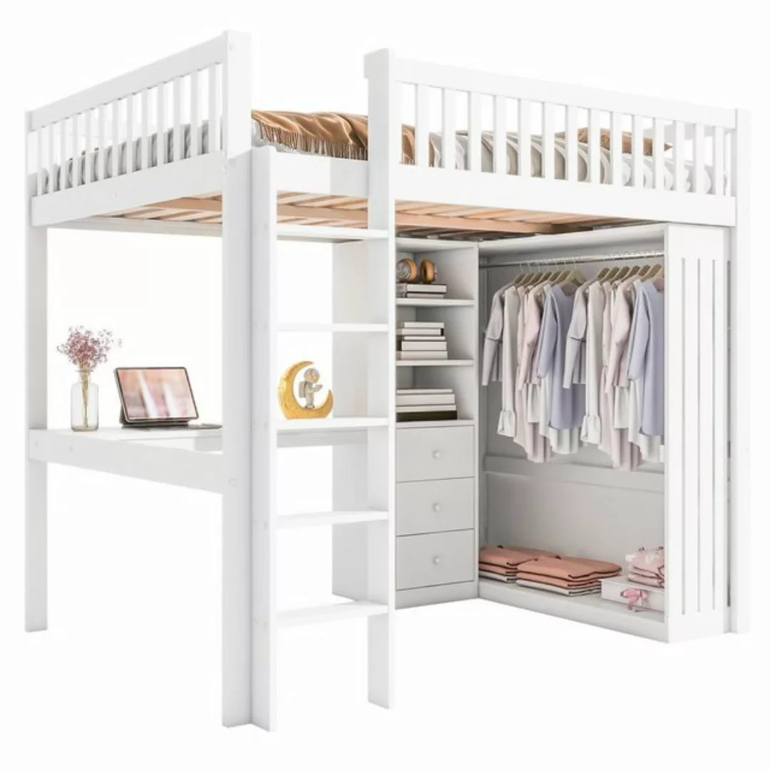 TavilaEcon Hochbett Kinderbett mit Schreibtisch, Kleiderschrank, 3 Schublad günstig online kaufen