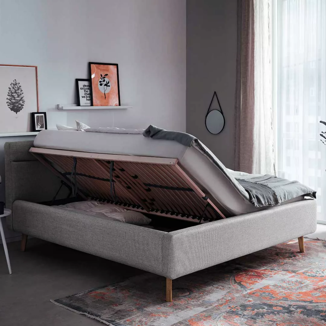 Polsterbett Grau Stoff mit Bettkasten Vierfußgestell aus Eiche günstig online kaufen