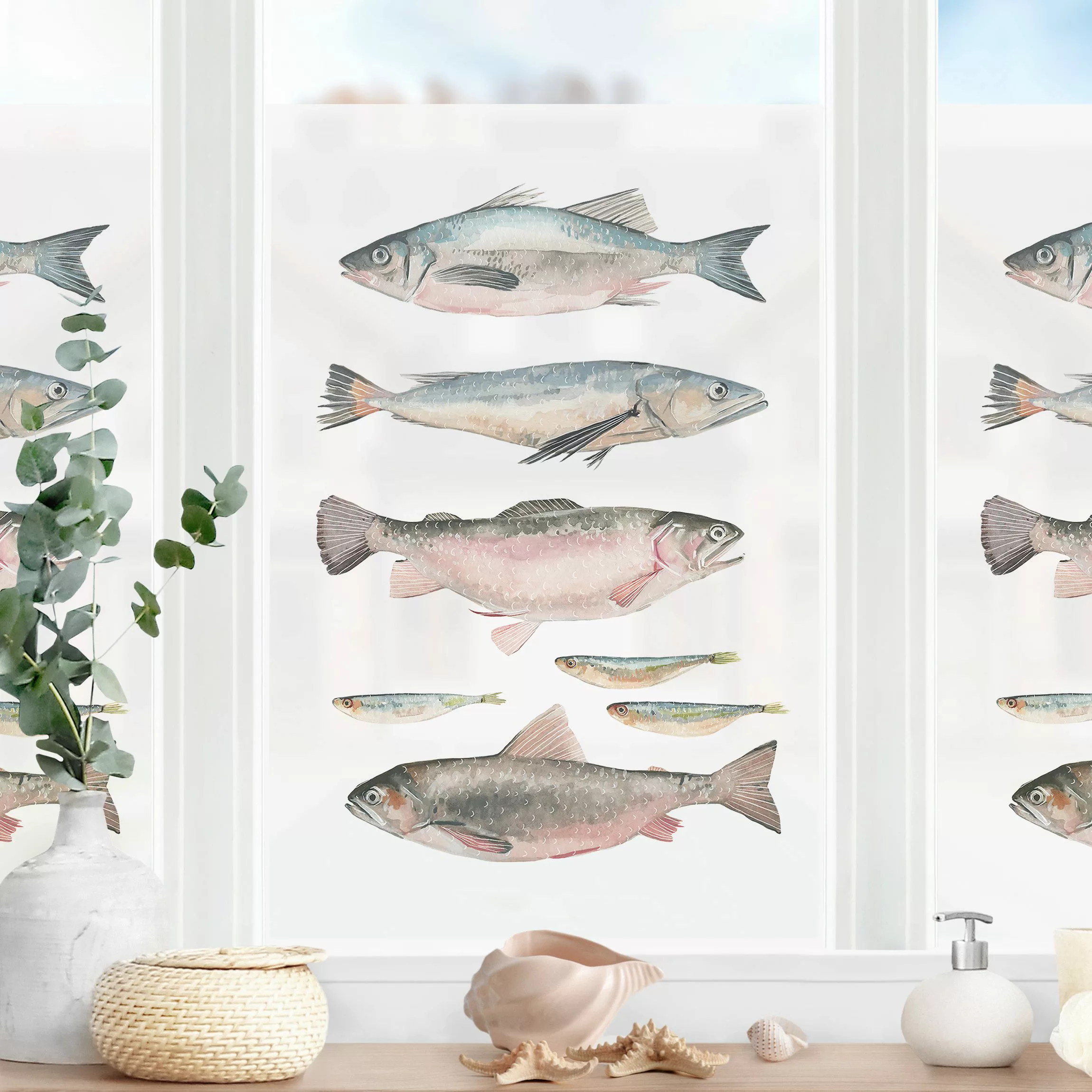 Fensterfolie Sieben Fische in Aquarell I günstig online kaufen