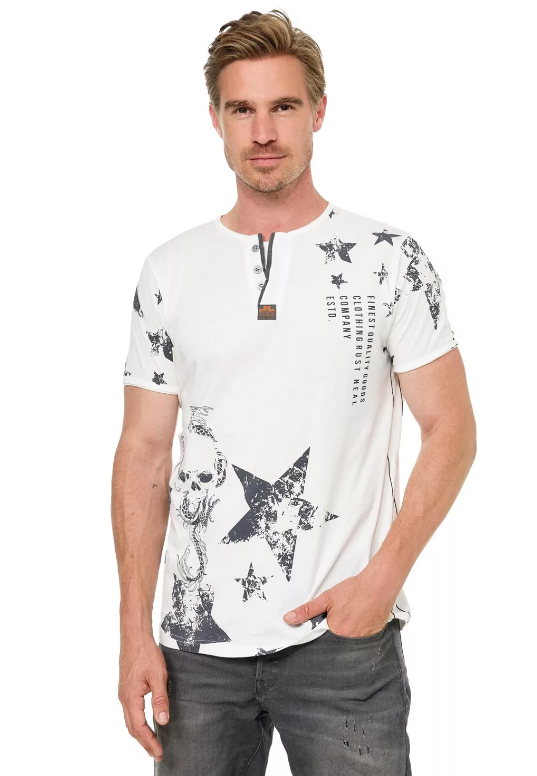 Rusty Neal T-Shirt, mit Skull-Print und Knopleiste günstig online kaufen