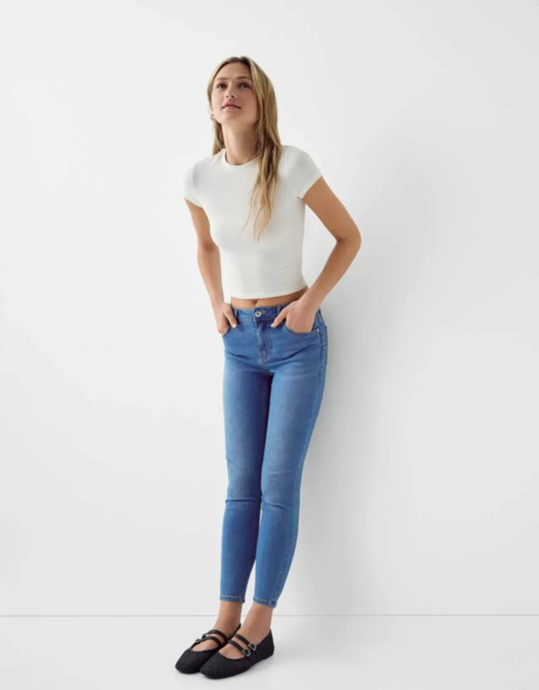 Bershka Push-Up-Skinny-Jeans Damen 38 Ausgewaschenes Blau günstig online kaufen