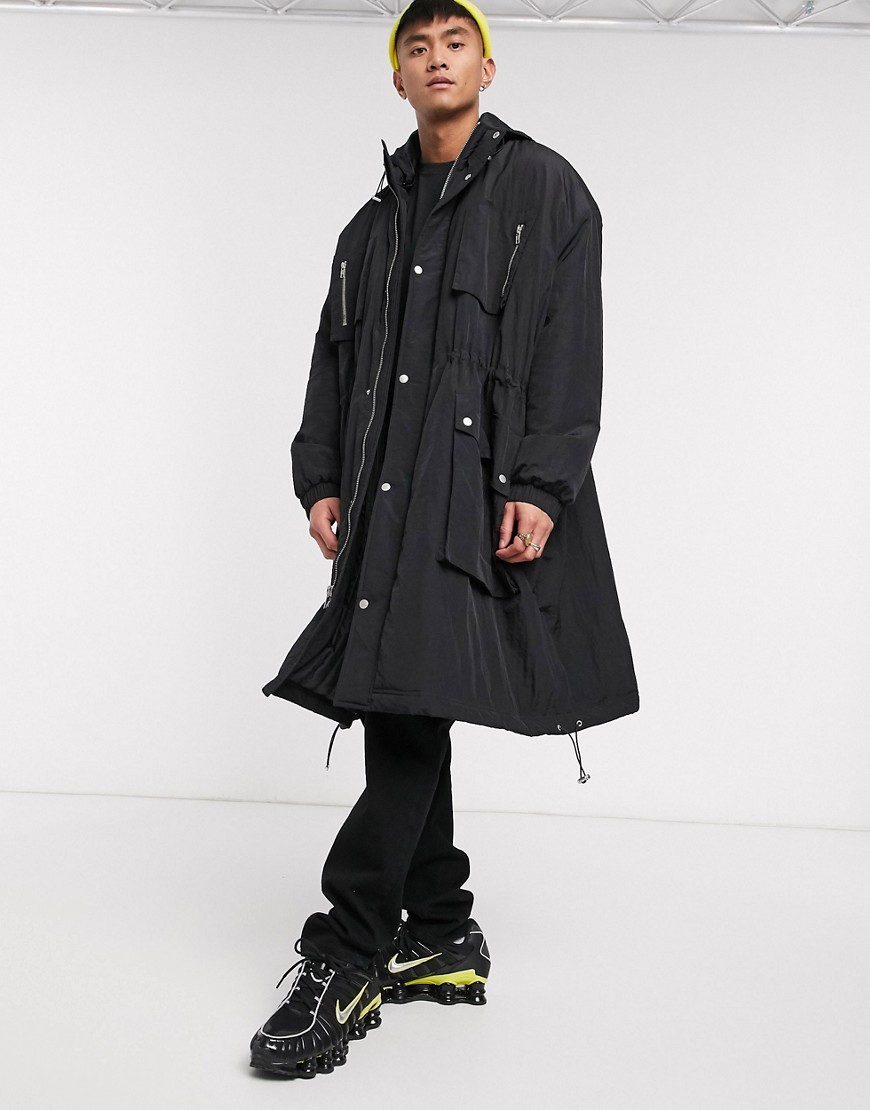 ASOS DESIGN – Langer, schwarzer Mantel mit mehreren Taschen günstig online kaufen