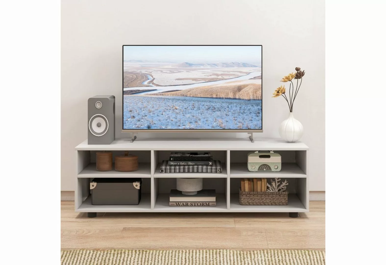 COSTWAY TV-Schrank mit 6 Fächern, verstellbares Regal, 115x39x34,5cm, Holz günstig online kaufen