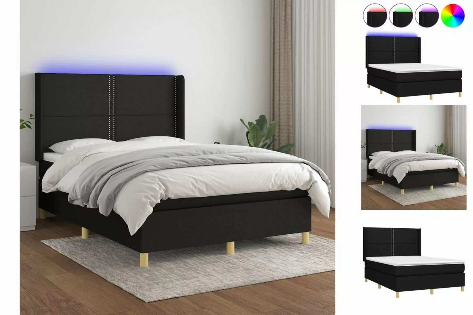 vidaXL Bettgestell Boxspringbett mit Matratze LED Schwarz 140x200 cm Stoff günstig online kaufen