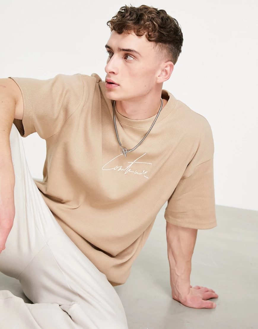 The Couture Club – Geripptes T-Shirt in Beige mit Logo, Kombiteil-Weiß günstig online kaufen