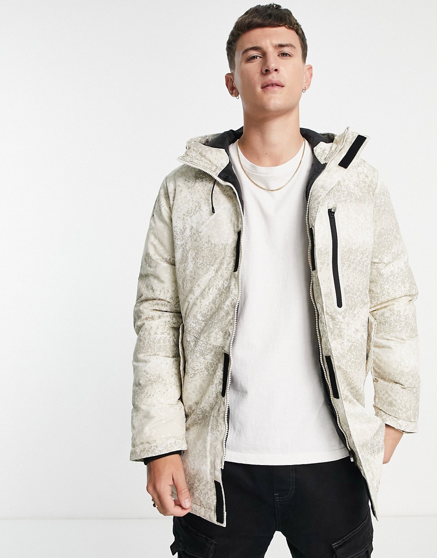 Jack & Jones – Core – Weißer Parka mit Kapuze und digitalem Print günstig online kaufen