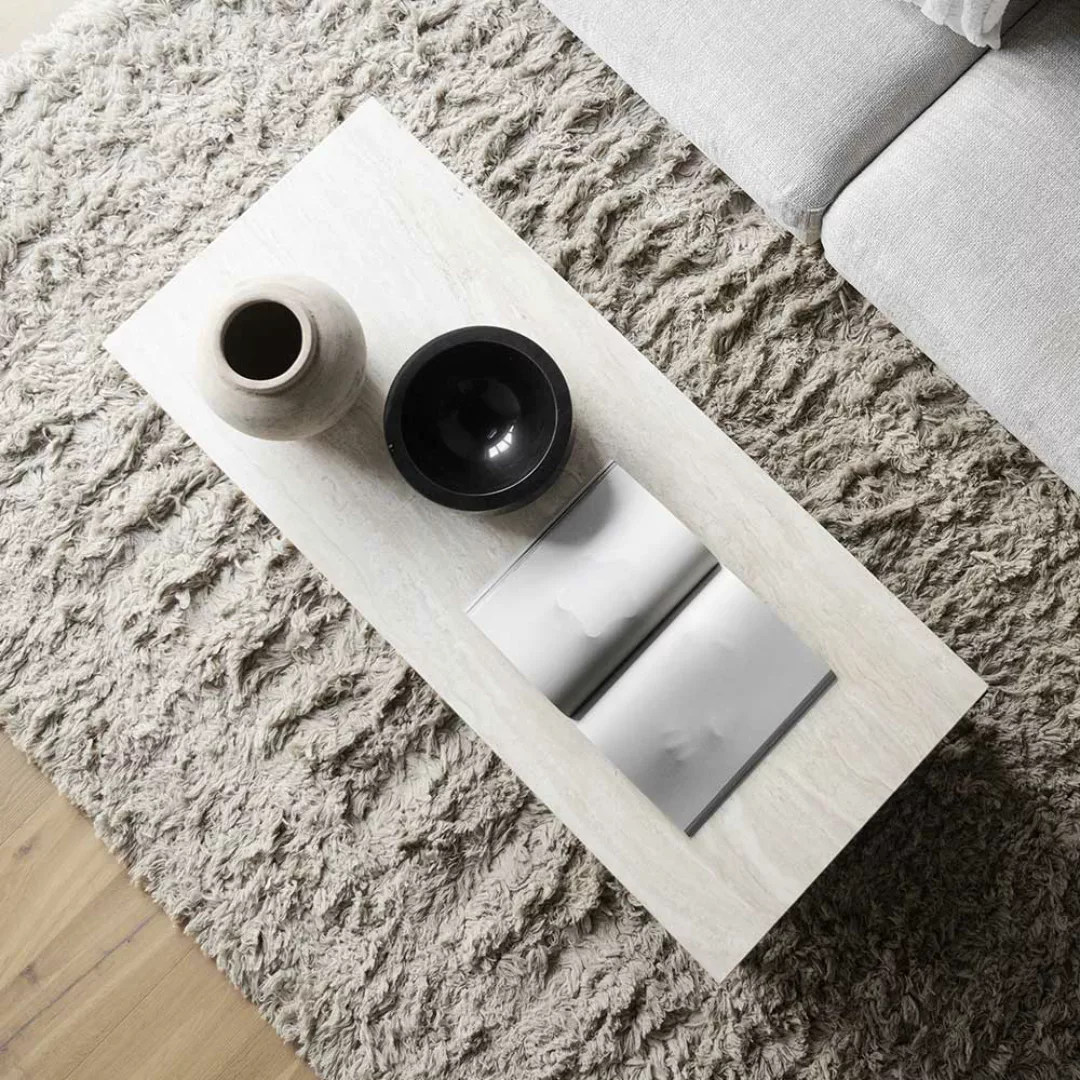 Wohnzimmer Couchtisch in Eiche White Wash Marmorplatte in Beige günstig online kaufen