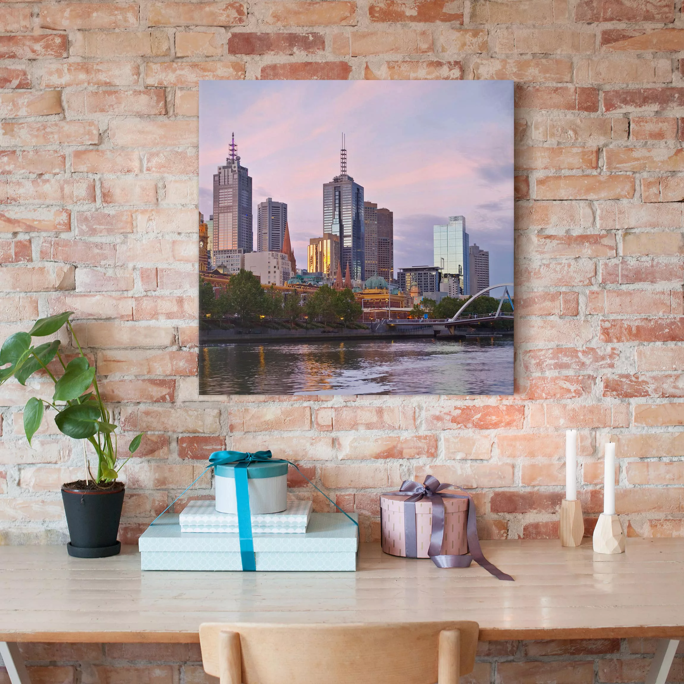 Leinwandbild Architektur & Skyline - Quadrat Melbourne im Sonnnenuntergang günstig online kaufen