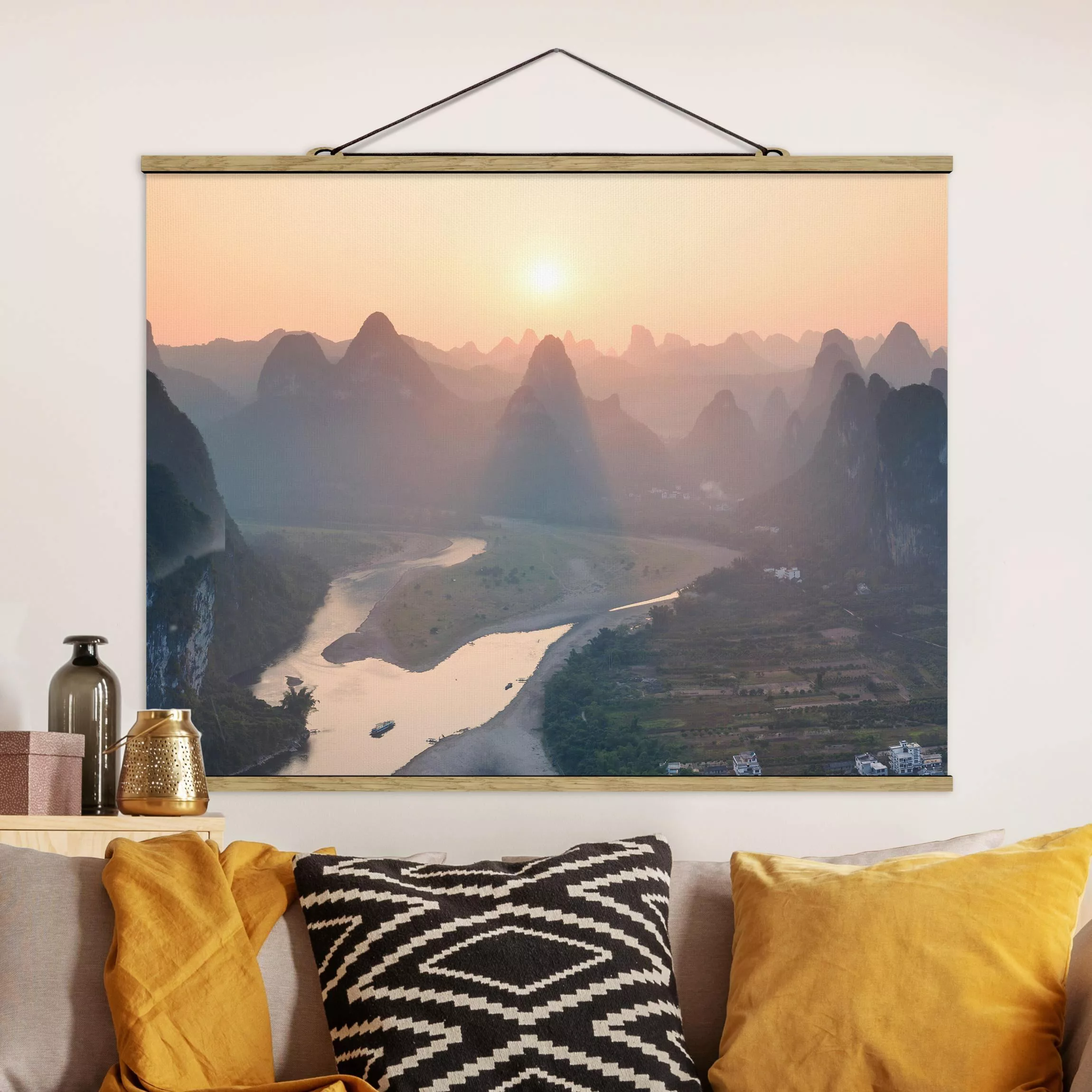Stoffbild mit Posterleisten Sonnenaufgang in Berglandschaft günstig online kaufen