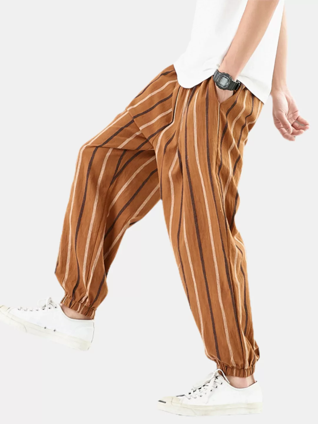 Mens Stripe Leinen Casual Loose Elastic Waist Beam Feet Haremshose günstig online kaufen