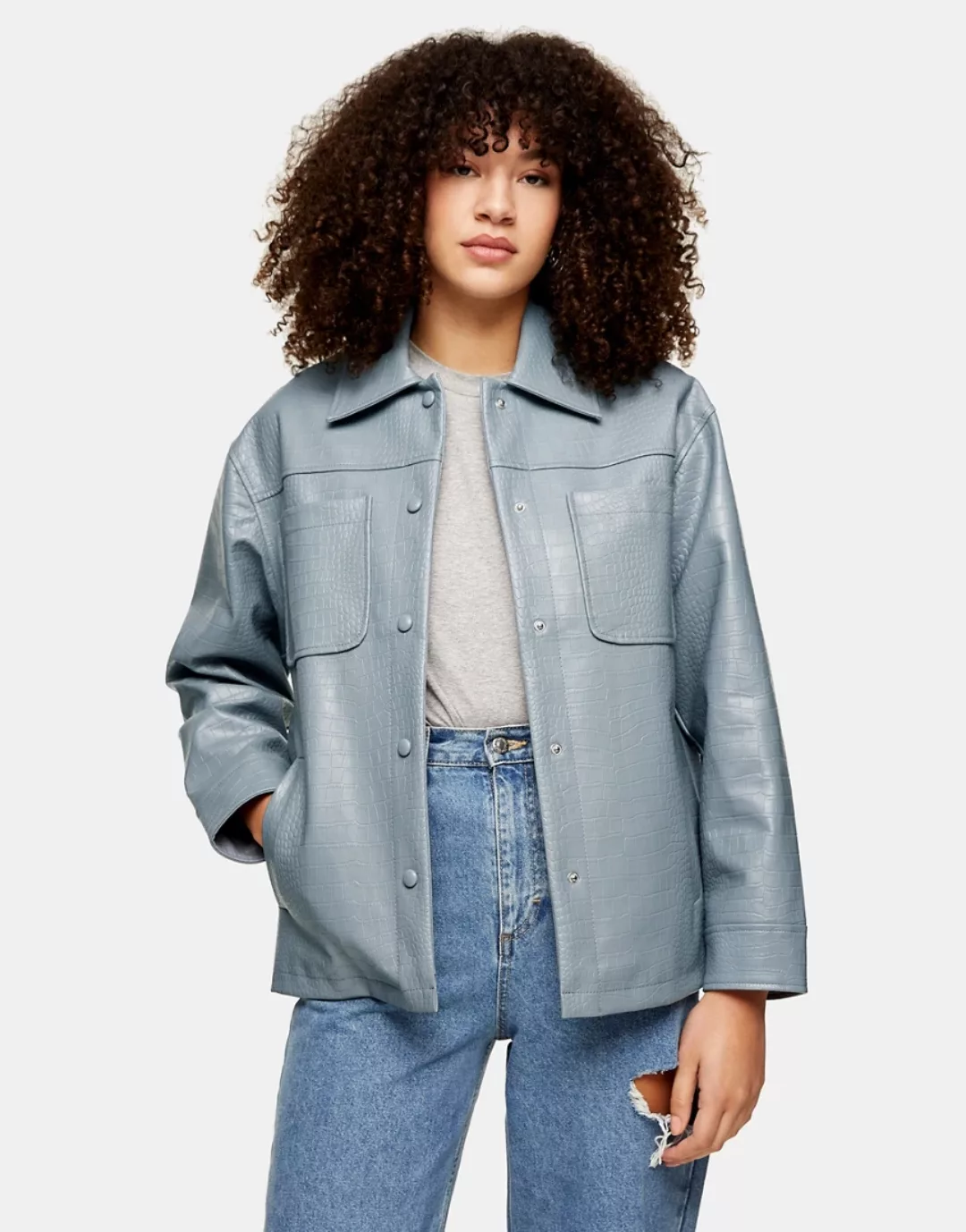 Topshop – Hemdjacke aus Kunstleder mit Kroko-Optik in Blau-Braun günstig online kaufen