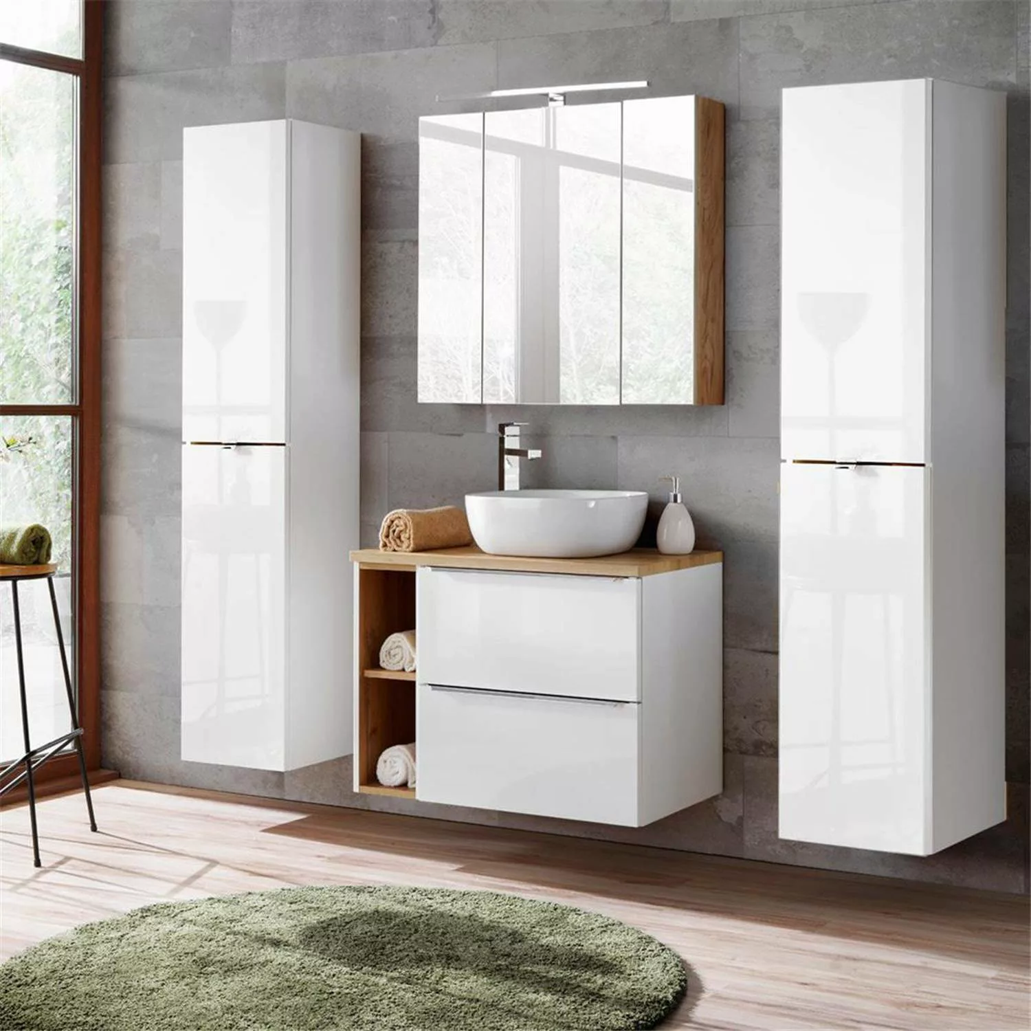 Badezimmermöbel Set mit LED-Spiegelschrank TOSKANA-56 weiß Hochglanz, Wotan günstig online kaufen