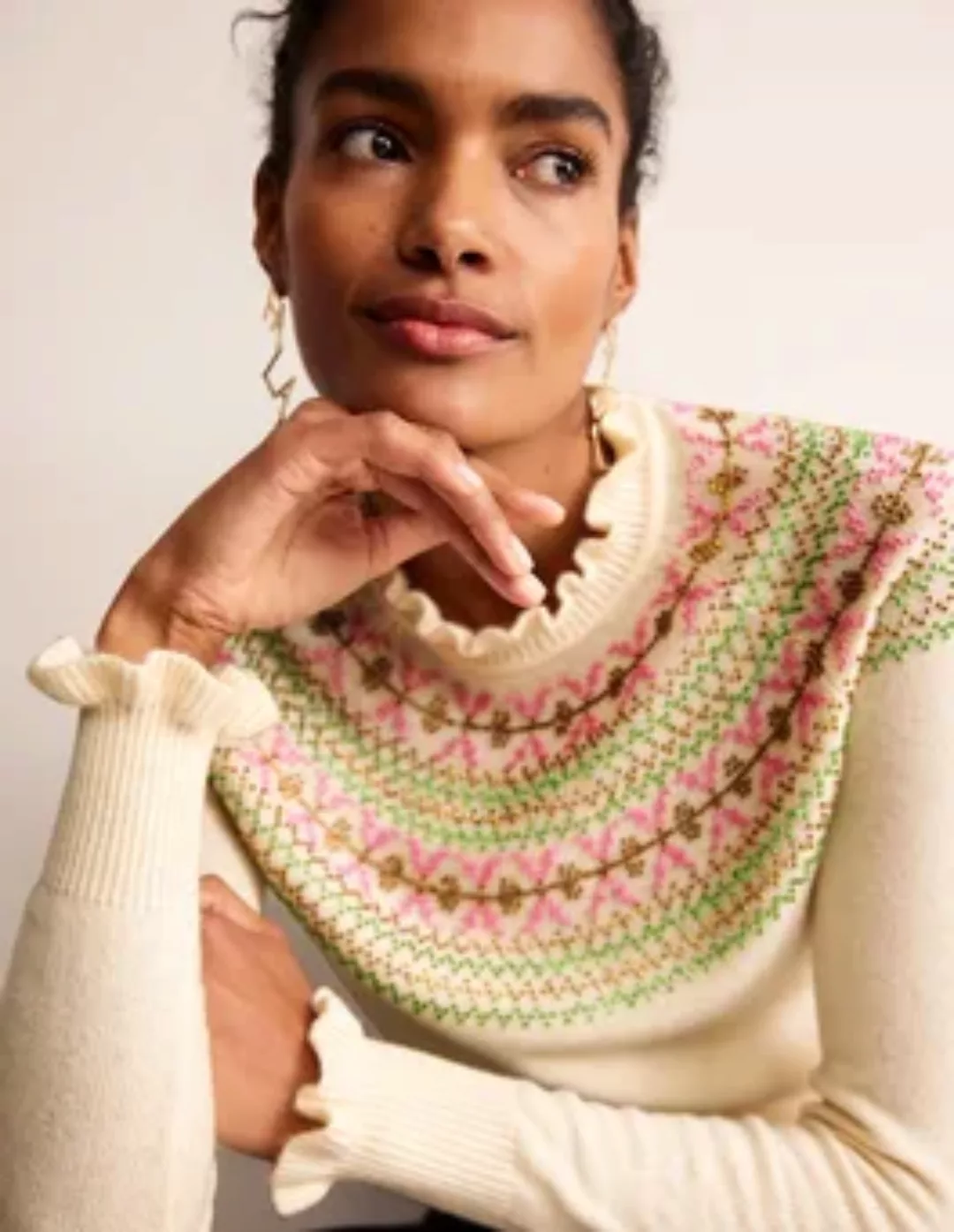 Verzierter Pullover mit Passe Damen Boden, Naturweiß günstig online kaufen