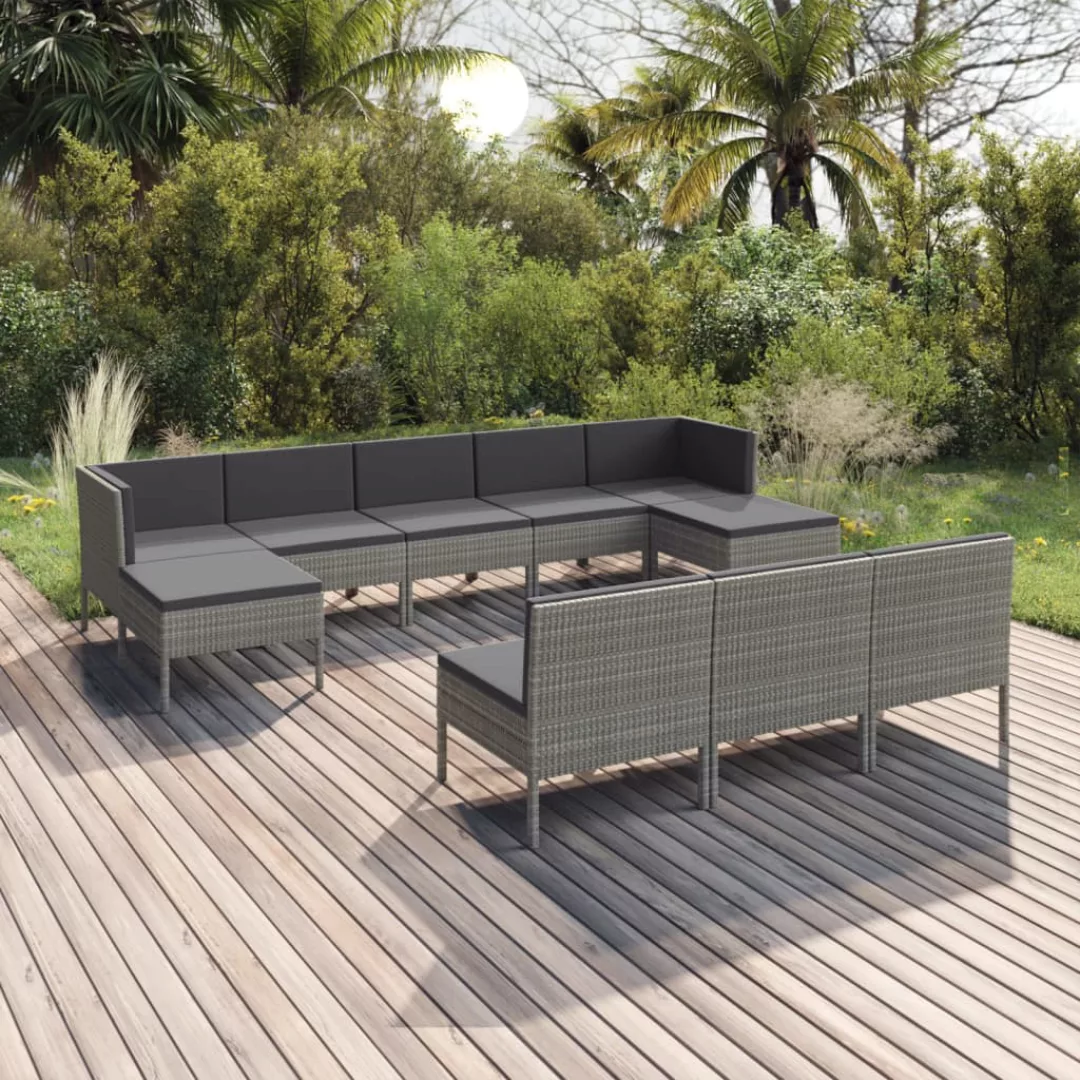 10-tlg. Garten-lounge-set Mit Auflagen Poly Rattan Grau günstig online kaufen