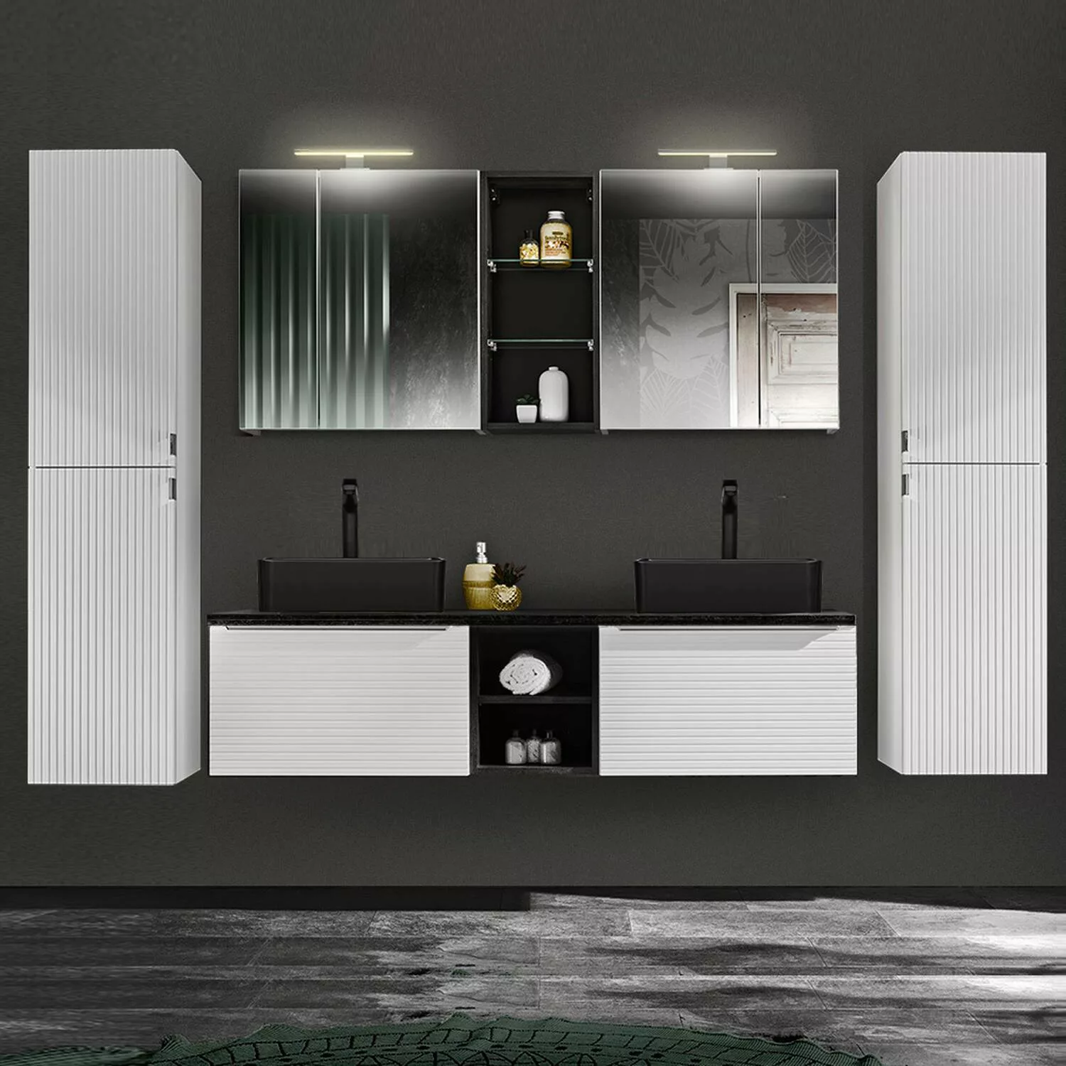 Badmöbel Set mit 150cm Waschtisch LARCIANO-56 in weiß geriffelt mit Sherman günstig online kaufen