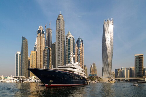 Papermoon Fototapete »DUBAI-JACHT HAFEN MEER STADT VAE BURJ KHALIFA SKYLINE günstig online kaufen