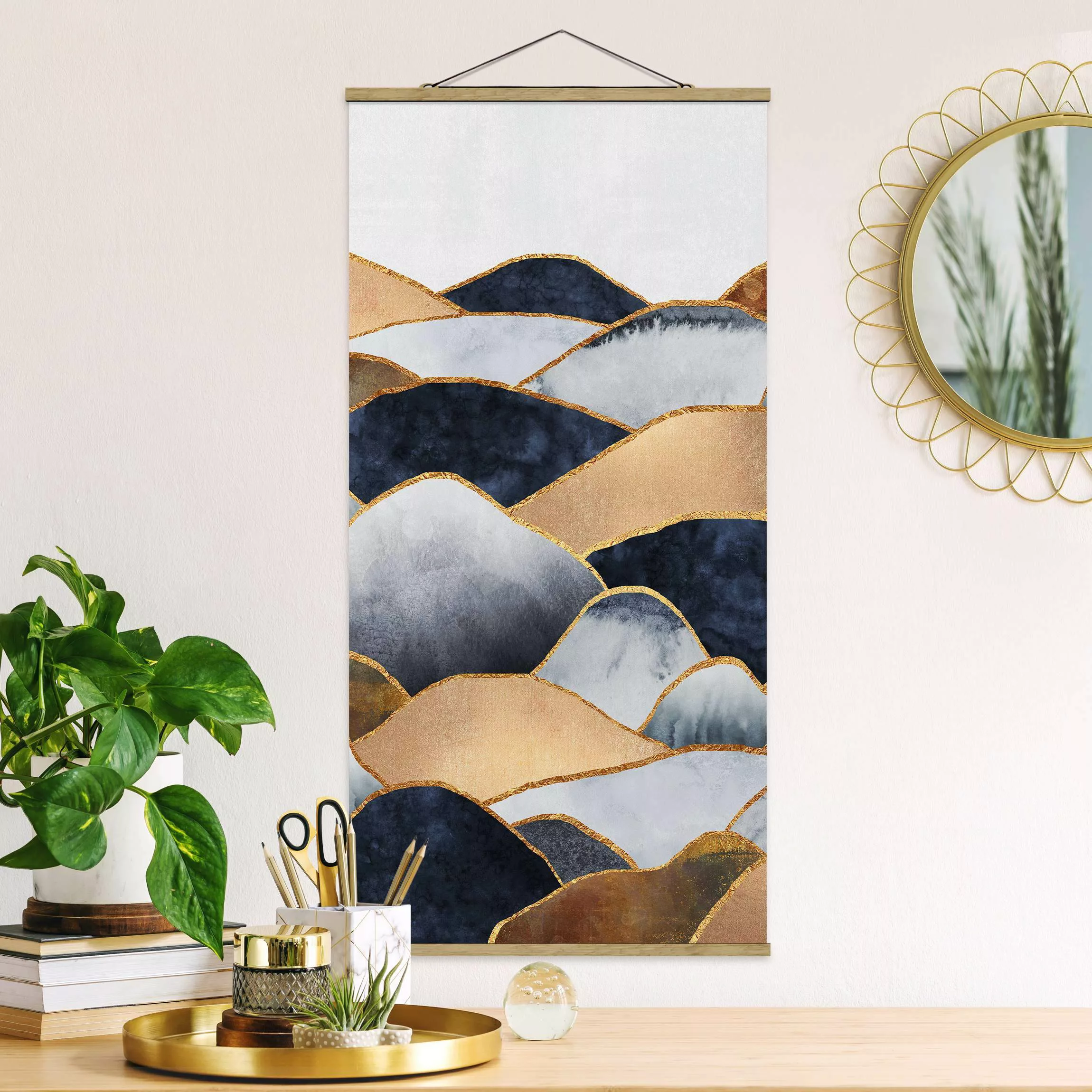 Stoffbild Abstrakt mit Posterleisten - Hochformat Goldene Berge Aquarell günstig online kaufen