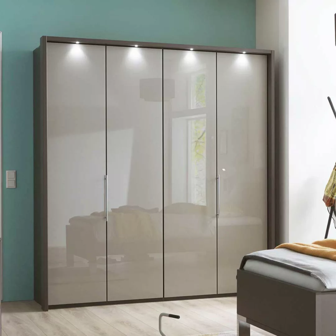 Falttüren Schlafzimmerschrank in Hellgrau und Braun LED Beleuchtung günstig online kaufen