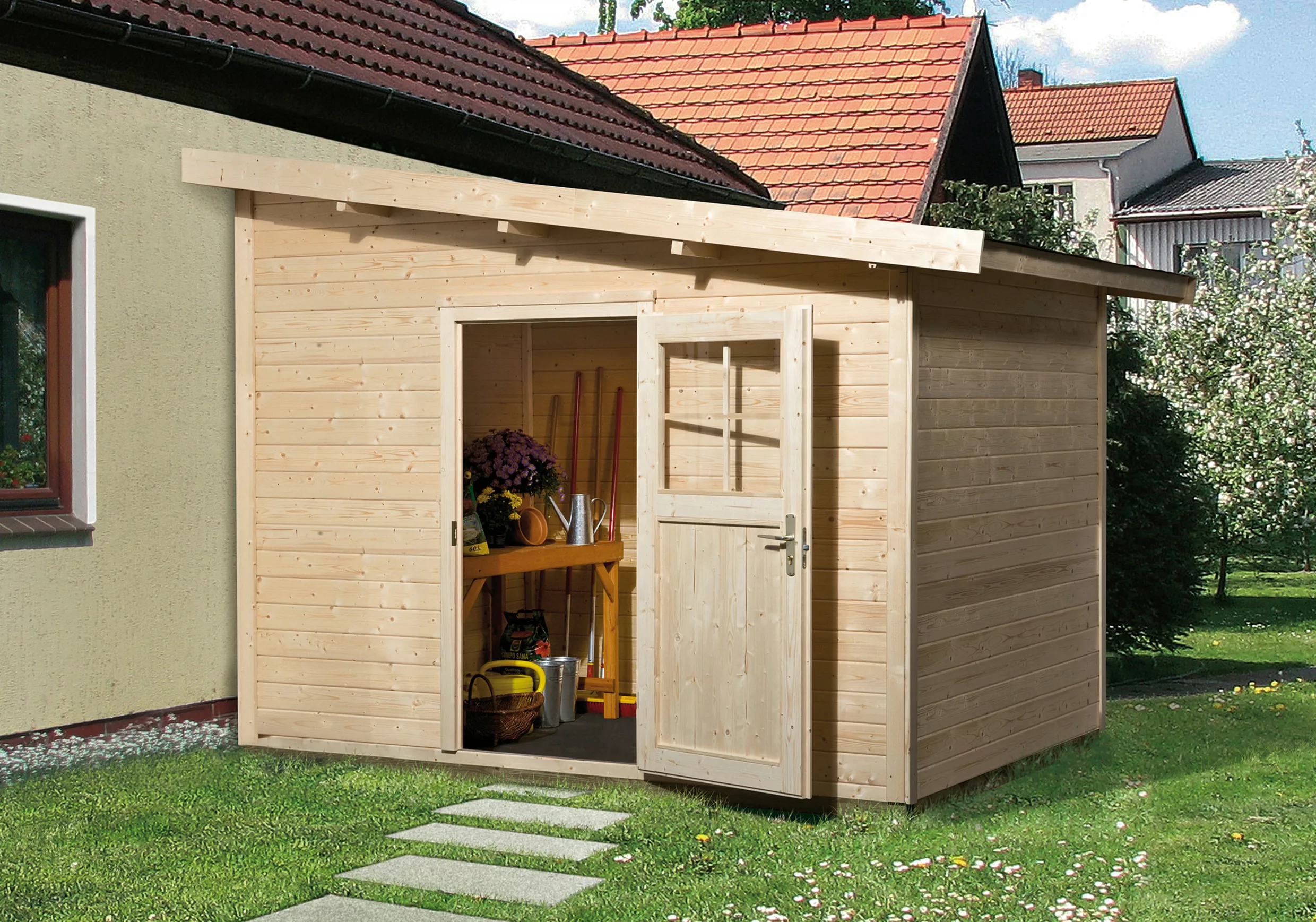 Weka Holz-Gartenhaus Pultdach Unbehandelt 300 cm x 277 cm günstig online kaufen