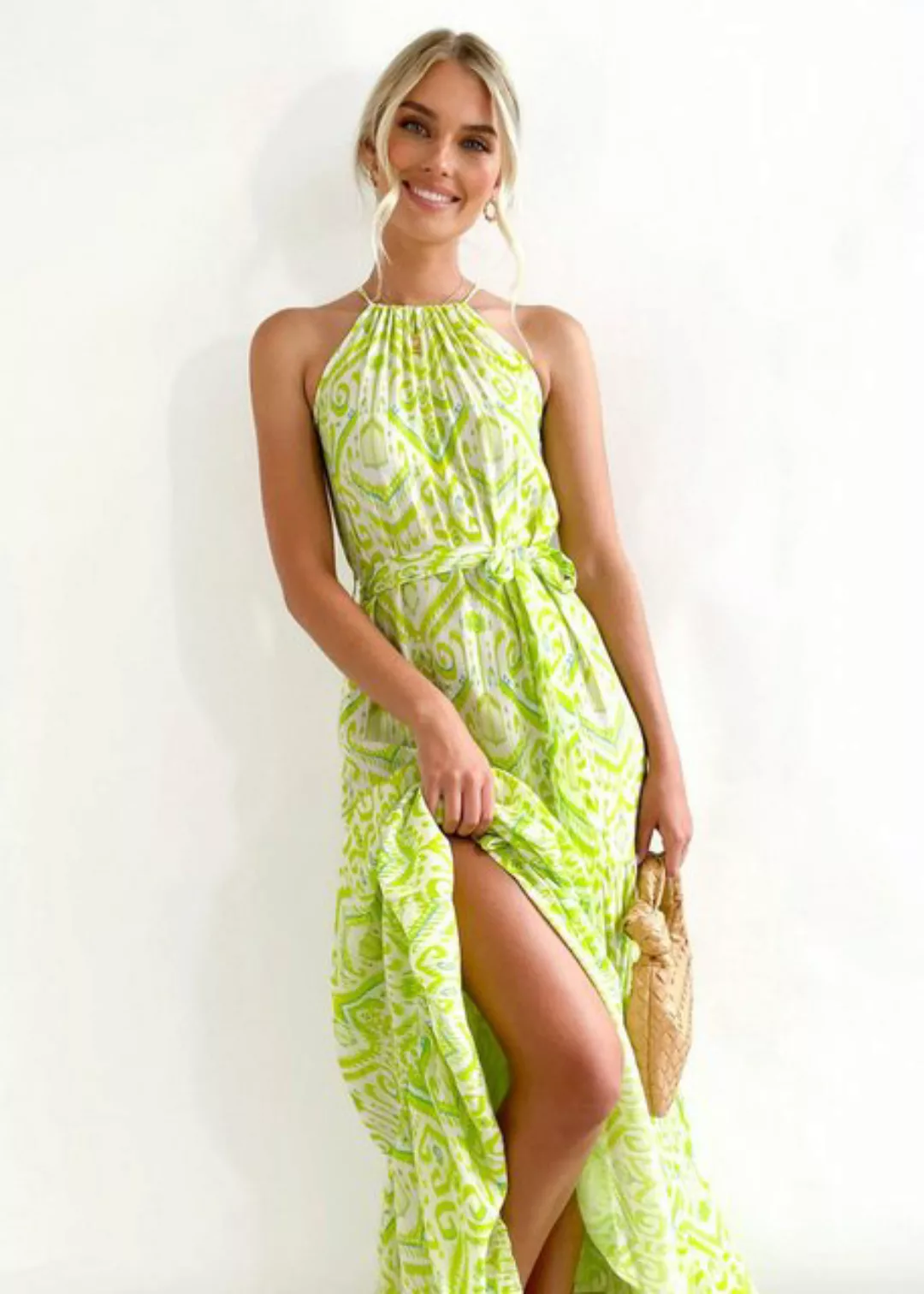 KIKI Strandkleid Hoch tailliertes Neckholder-Kleid mit Strandprint günstig online kaufen