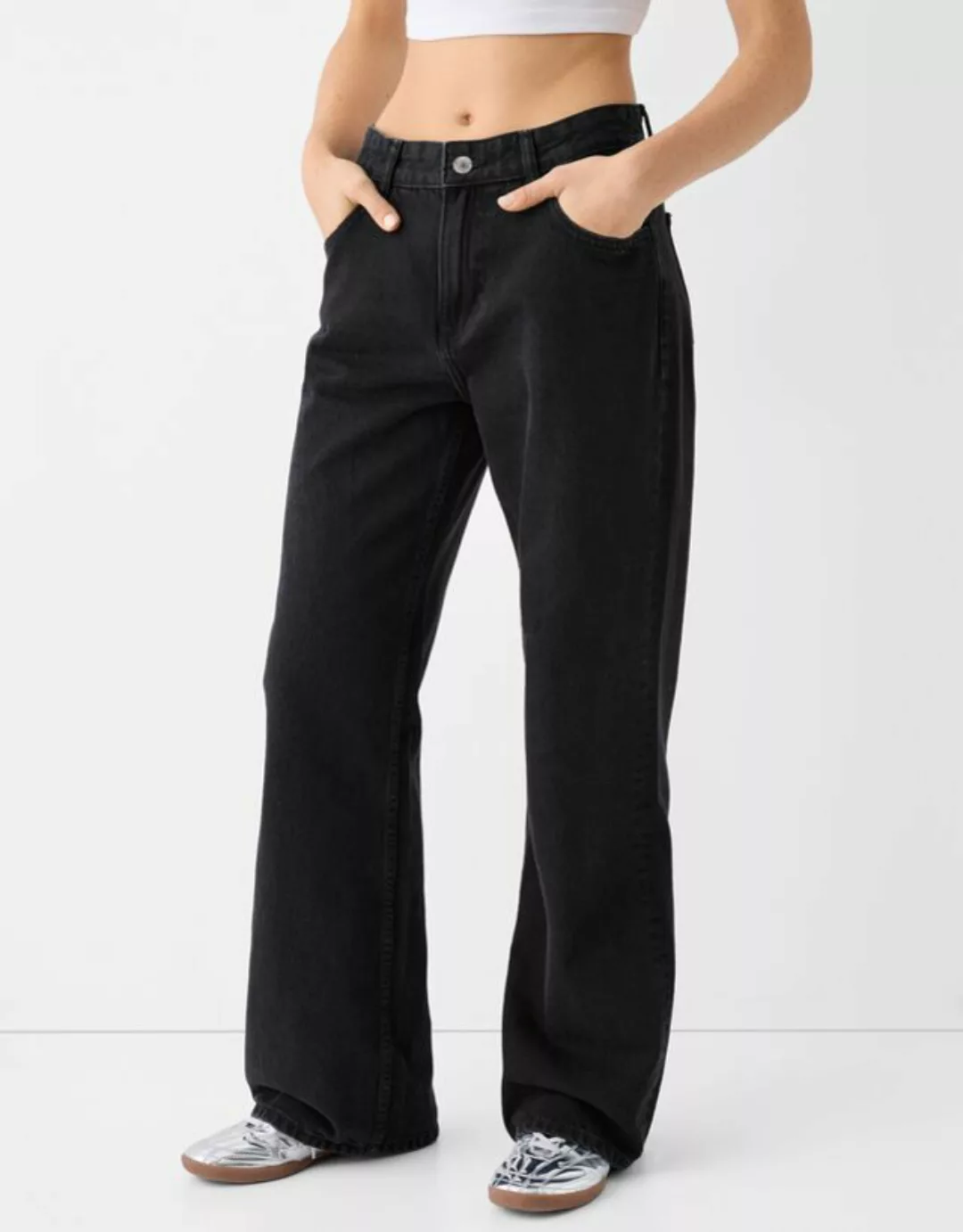 Bershka Wide Leg 90'S Jeans Damen 40 Schwarz günstig online kaufen