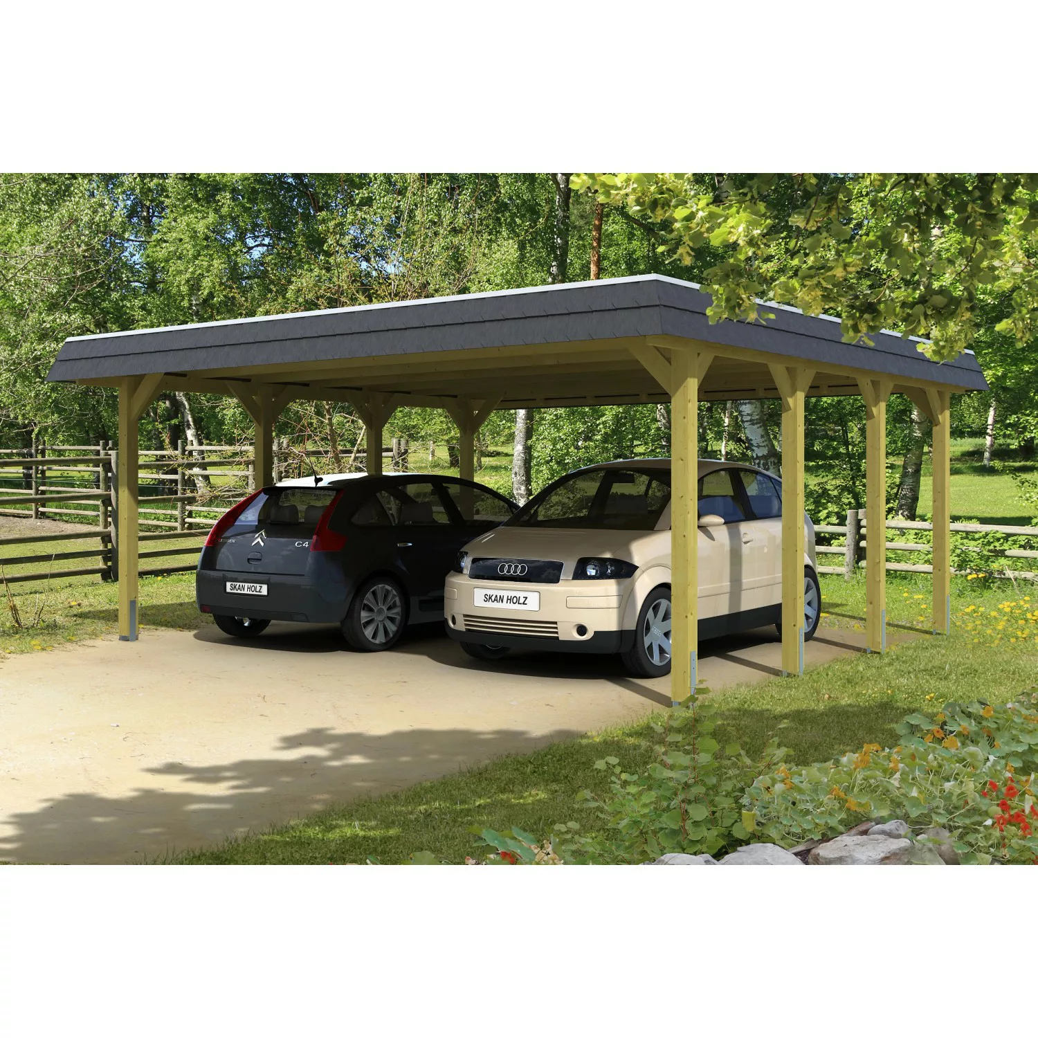 Skan Holz Walmdach-Doppelcarport Spreewald 585 cm x 589 cm Blende in Schwar günstig online kaufen