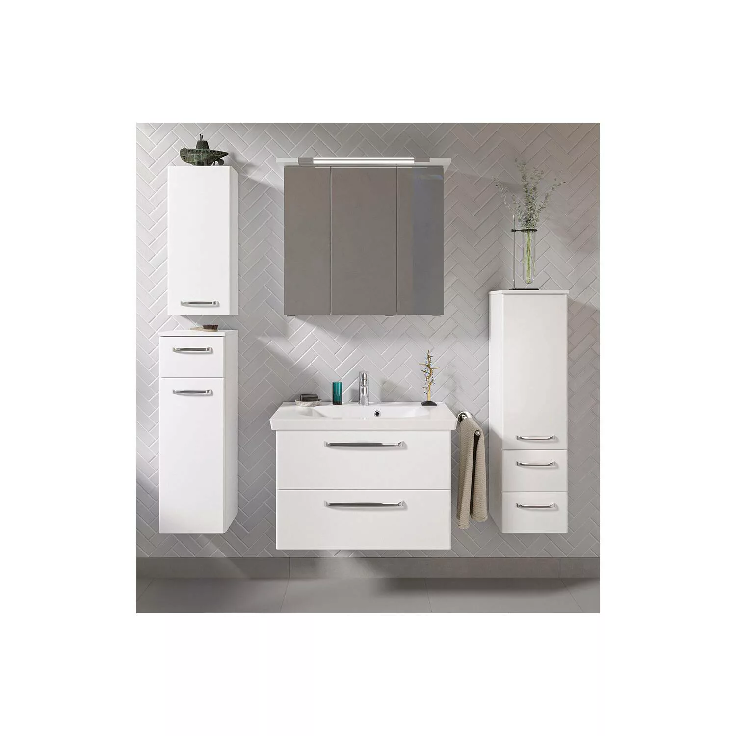 Badezimmer Komplett Set mit Mineralmarmorbecken TRENTO-66 in weiß Glanz, B/ günstig online kaufen