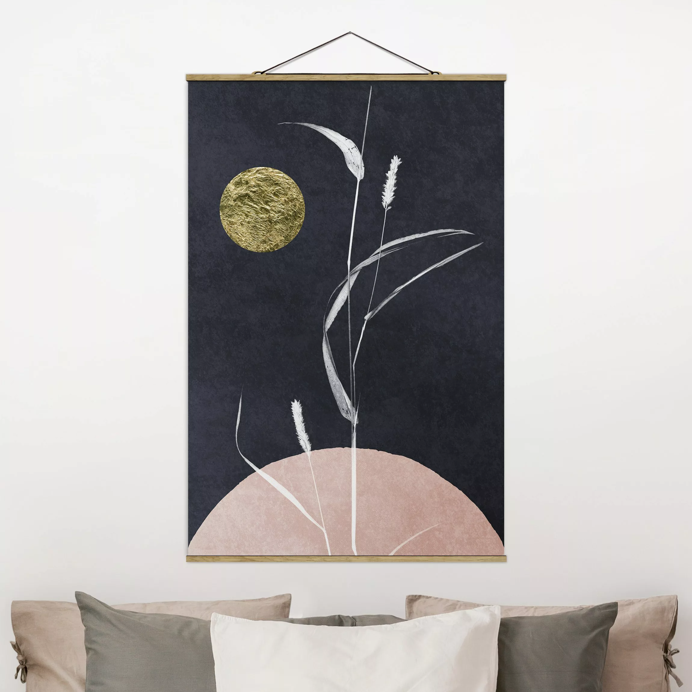 Stoffbild mit Posterleisten Goldener Mond mit Schilf günstig online kaufen