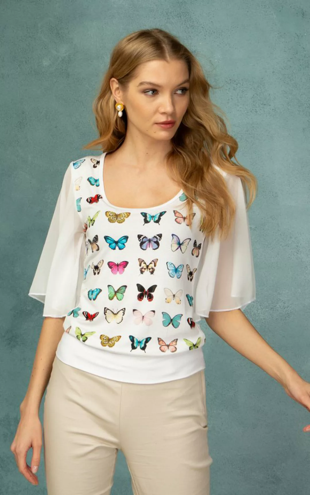 Passioni T-Shirt Sommerliches weißes Top mit elegantem Schmetterlingsmuster günstig online kaufen