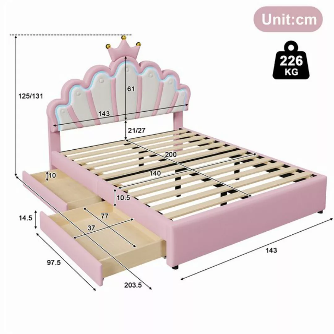 Flieks Polsterbett, LED Kinderbett mit krone-Form Prinzessinnenbett 140x200 günstig online kaufen