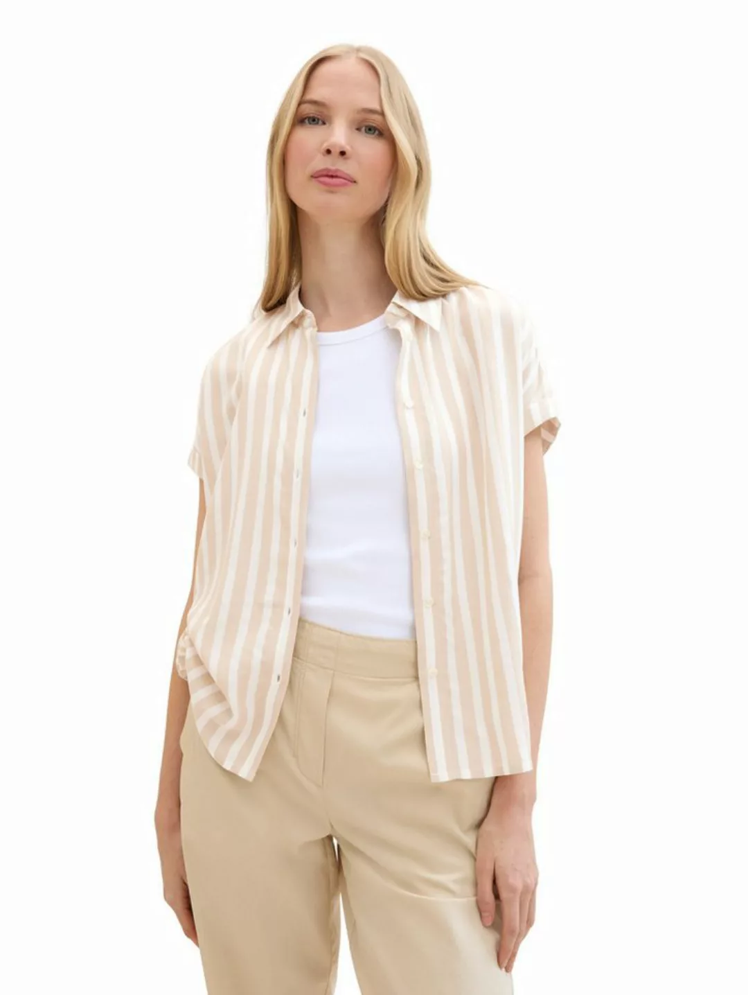 TOM TAILOR Blusenshirt Bluse Gestreiftes Kurzarm Shirt 7372 in Beige günstig online kaufen