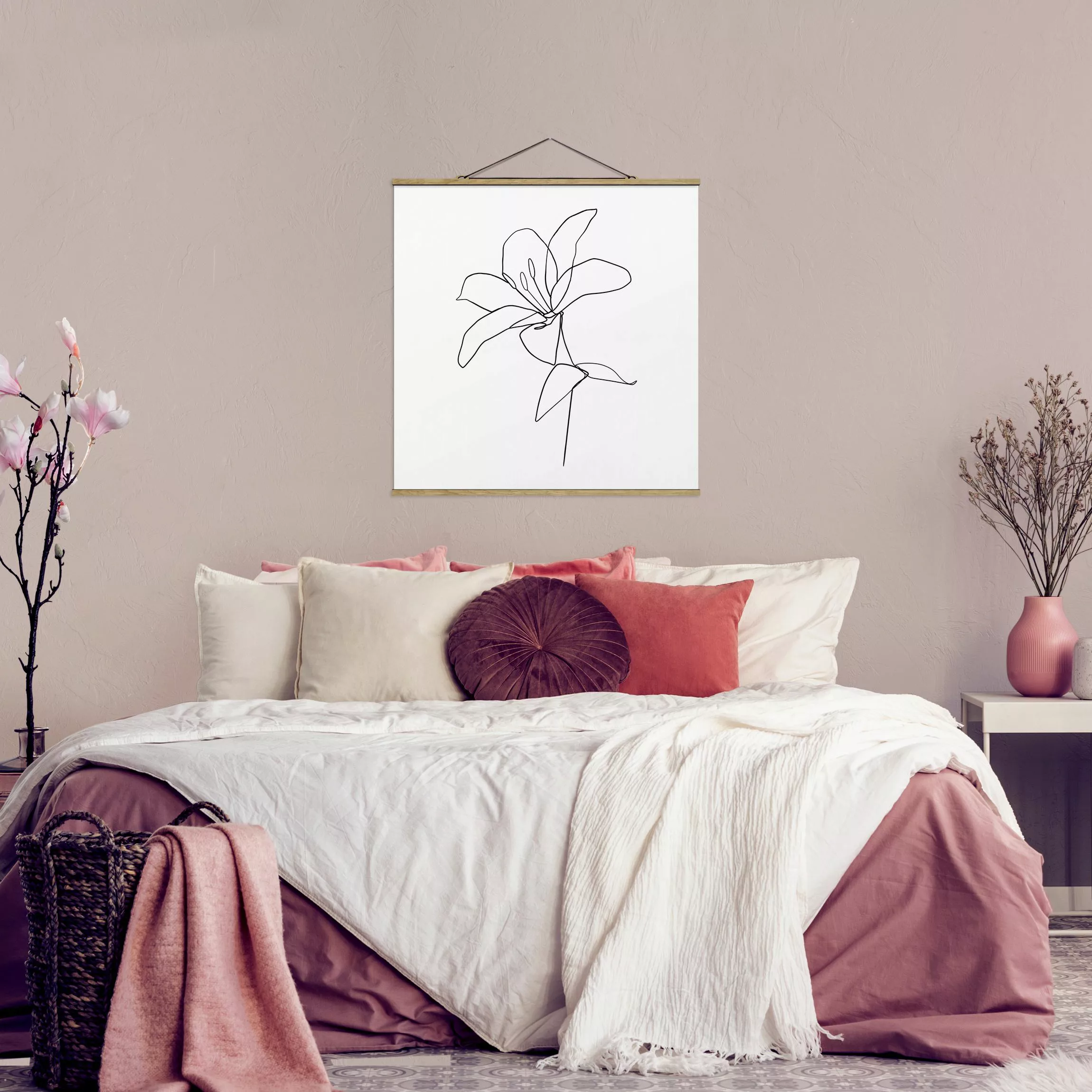 Stoffbild Blumen mit Posterleisten - Quadrat Line Art Blüte Schwarz Weiß günstig online kaufen