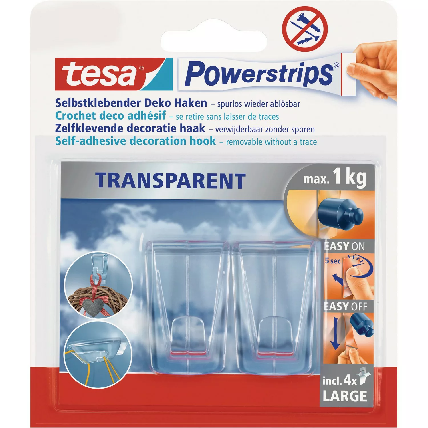 Tesa Powerstrips 2 Deko Haken Transparent mit 4 x Powerstrips Large günstig online kaufen