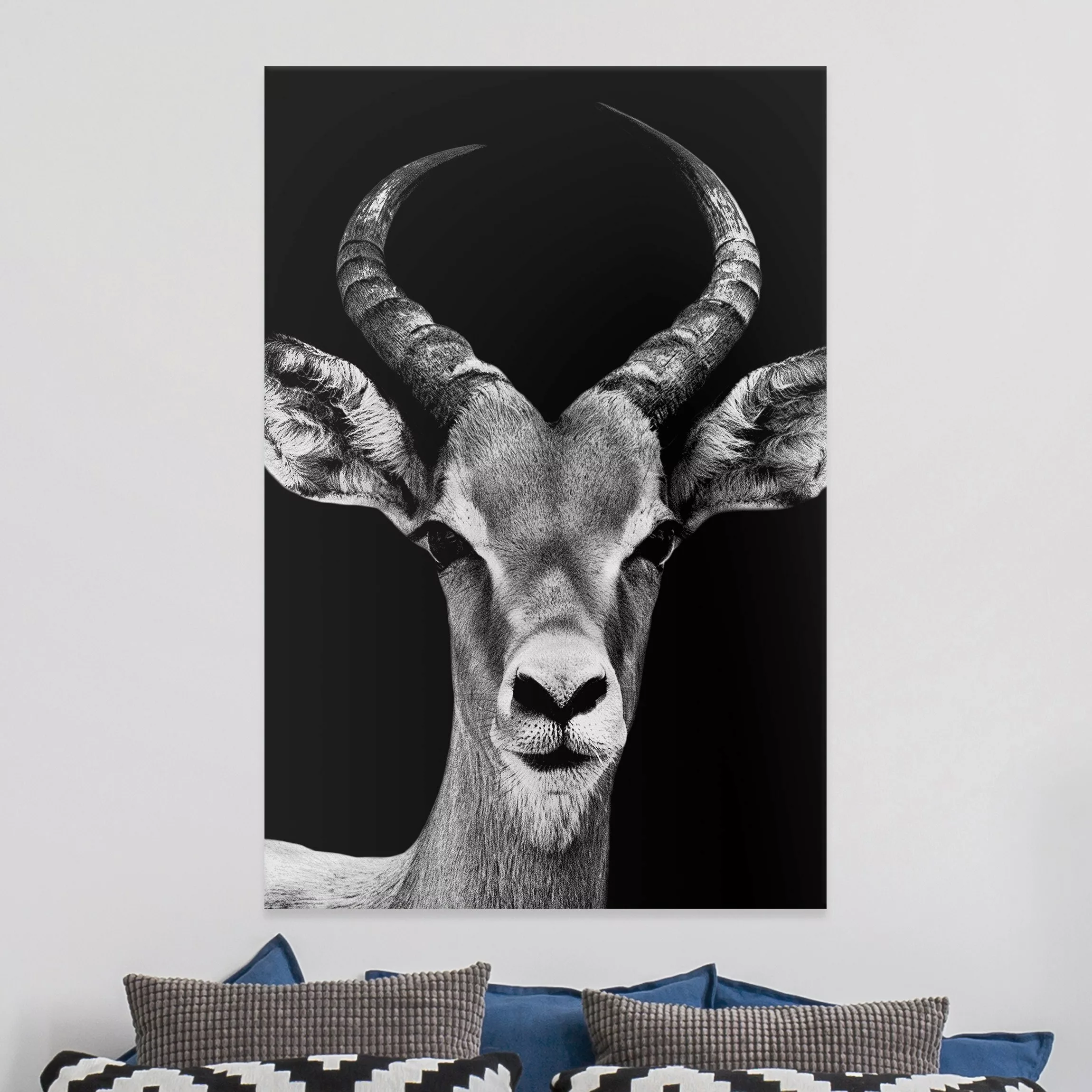 Leinwandbild Tiere - Hochformat Impala Antilope schwarz-weiß günstig online kaufen