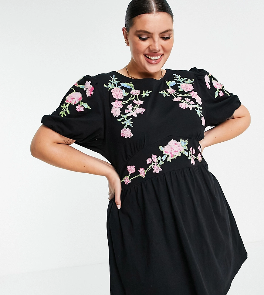 ASOS DESIGN Curve – Minikleid in Schwarz mit Puffärmeln und Kreuzstickerei günstig online kaufen