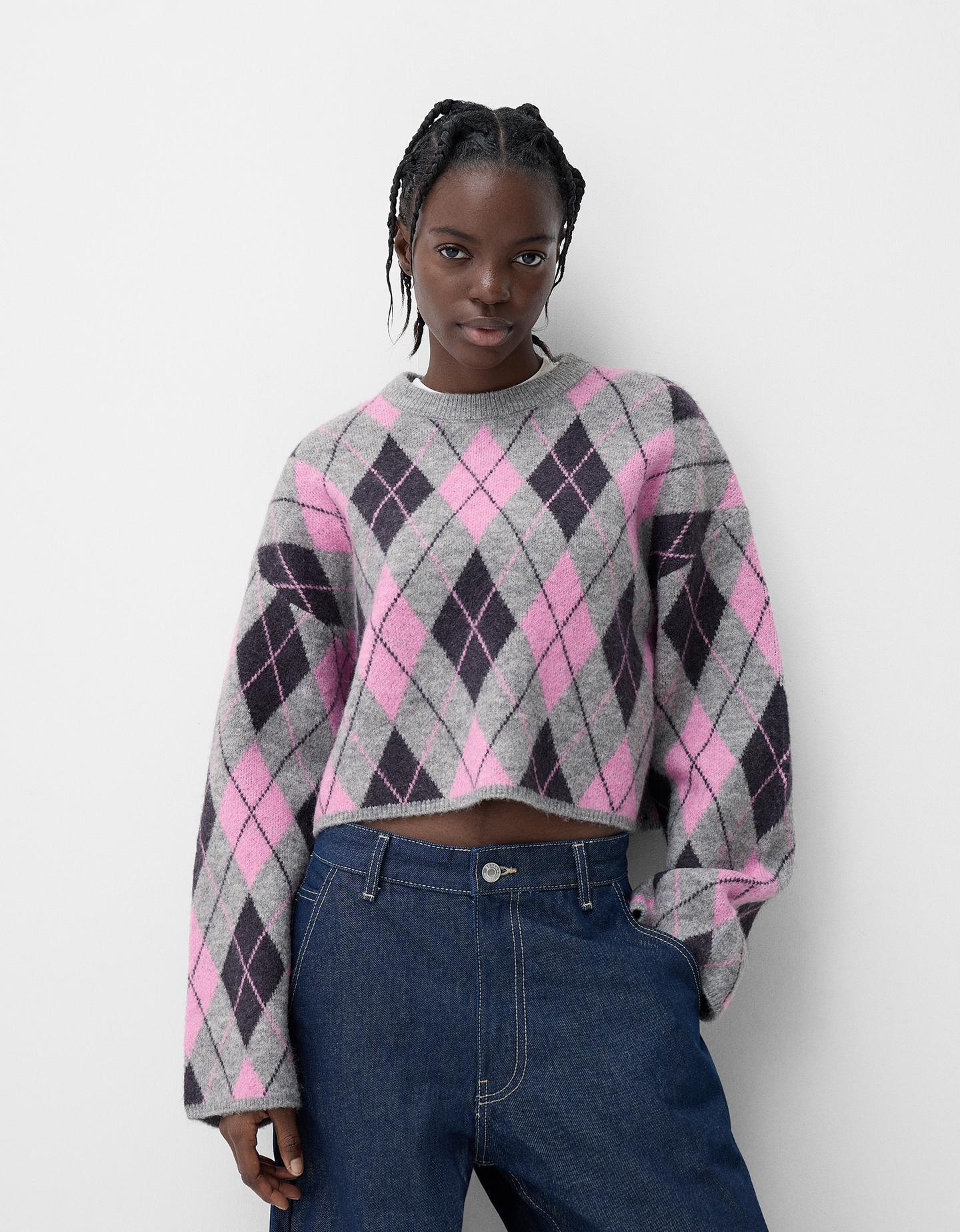 Bershka Jacquard-Pullover Mit Rautenmuster Damen L Rosa günstig online kaufen