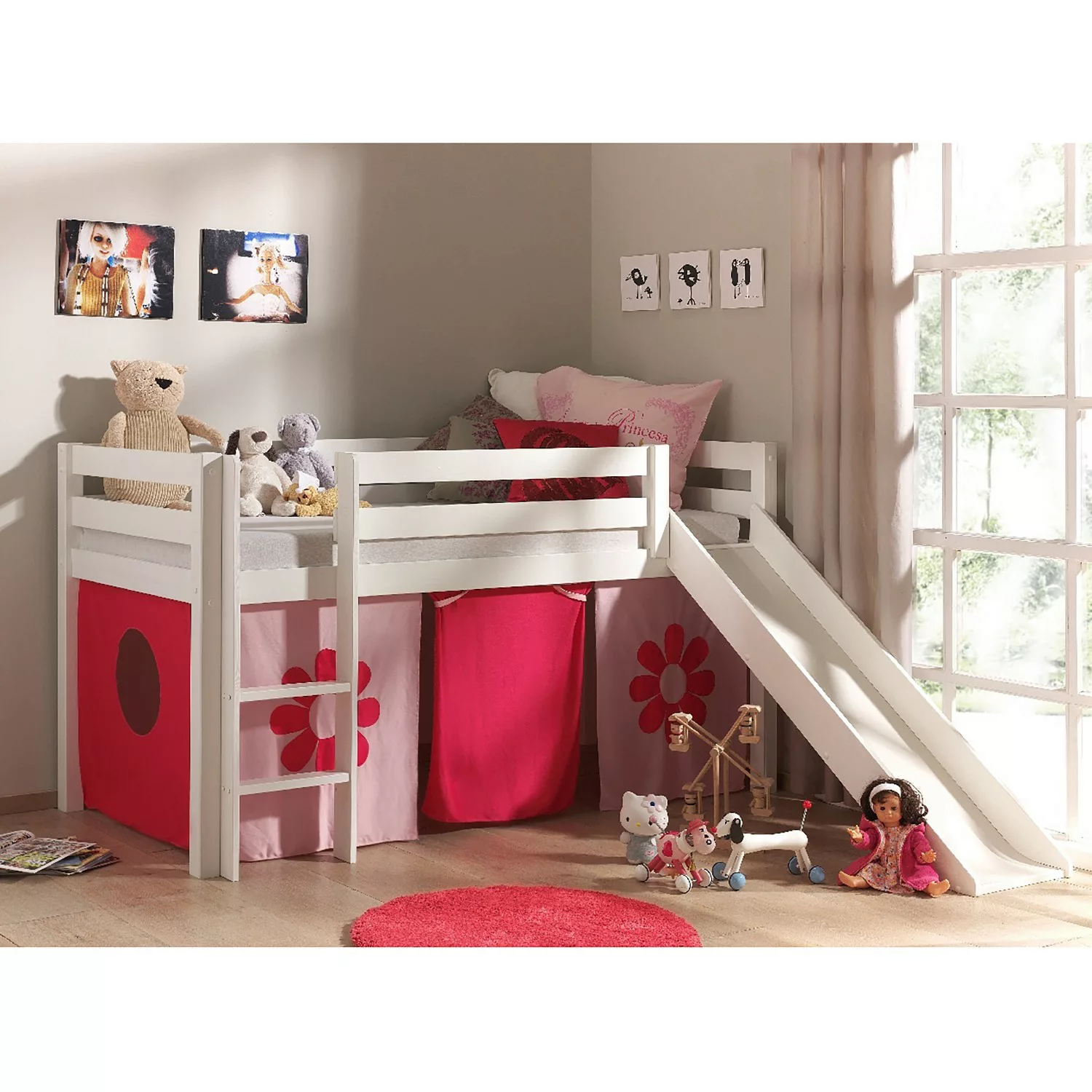 Kinderzimmer Spielbett mit Textilset Pink Flower PINOO-12 incl. Rutsche in günstig online kaufen