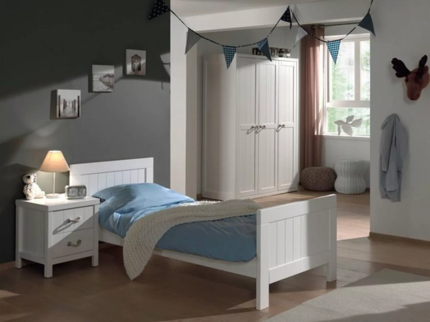 Natur24 Kinderbett Set Lewis Einzelbett Nachtkonsole Kleiderschrank MDF Wei günstig online kaufen