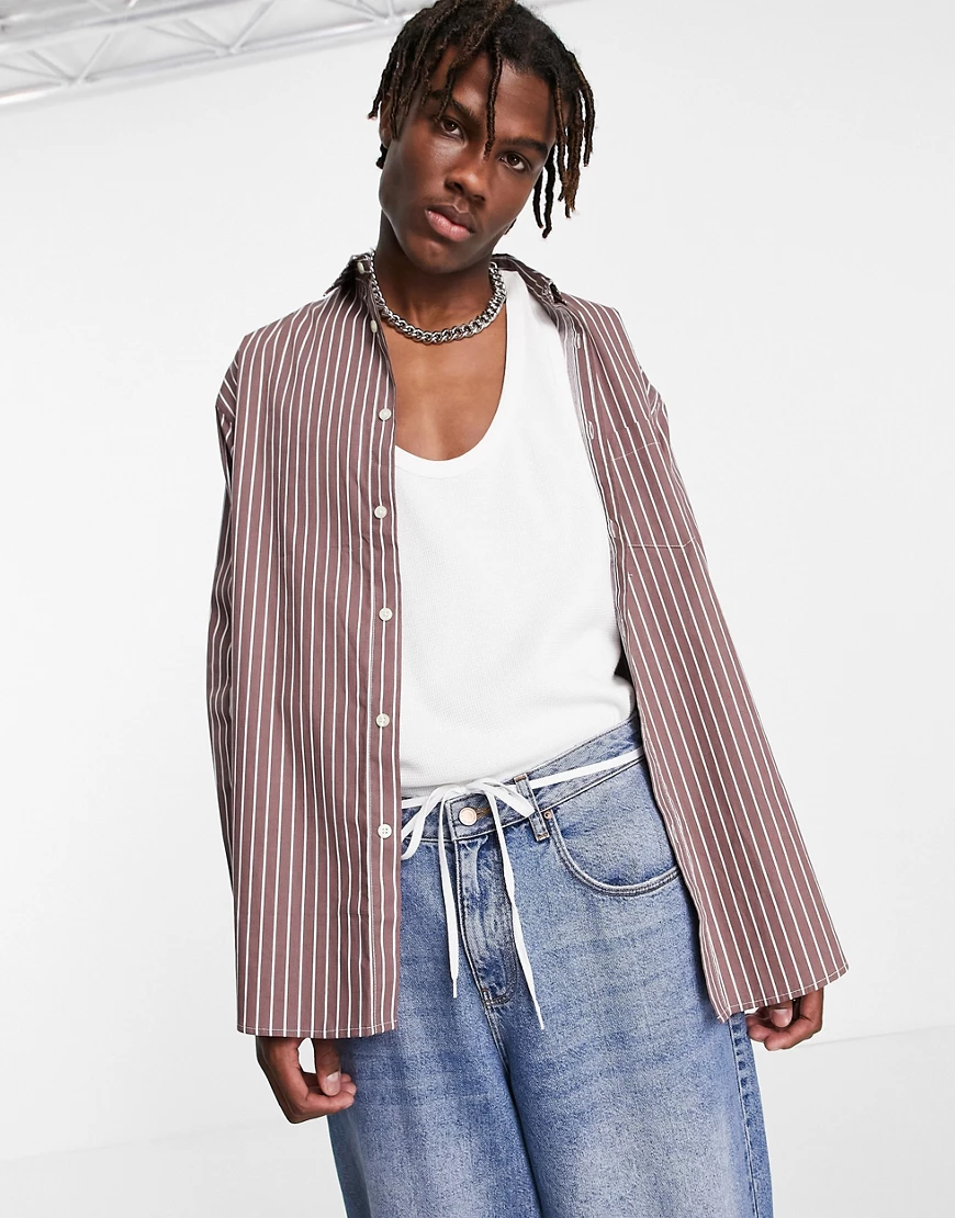 ASOS DESIGN – Oversize-Hemd mit gestepptem Saum in braun gestreift günstig online kaufen