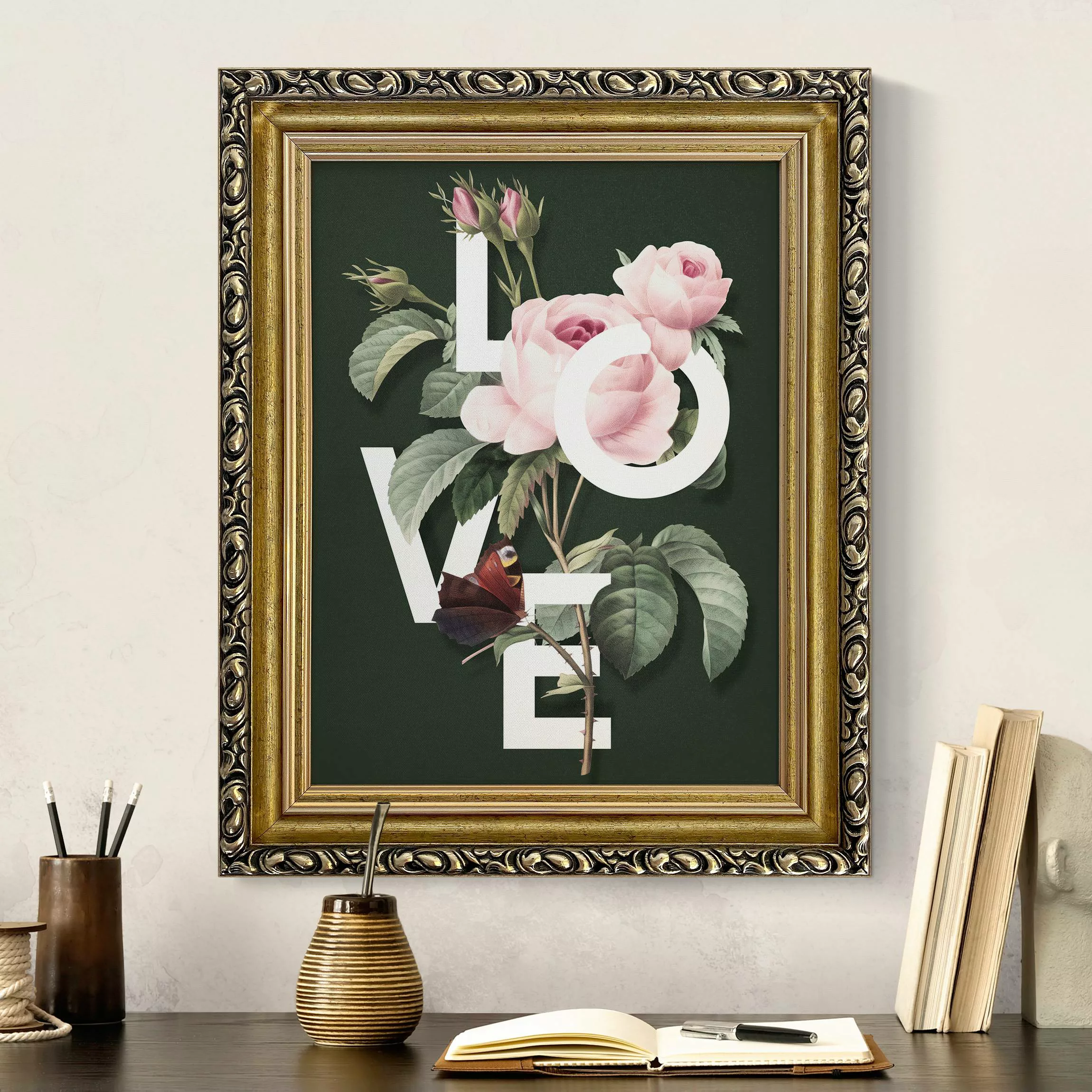 Gerahmtes Leinwandbild Florale Typografie - Love günstig online kaufen