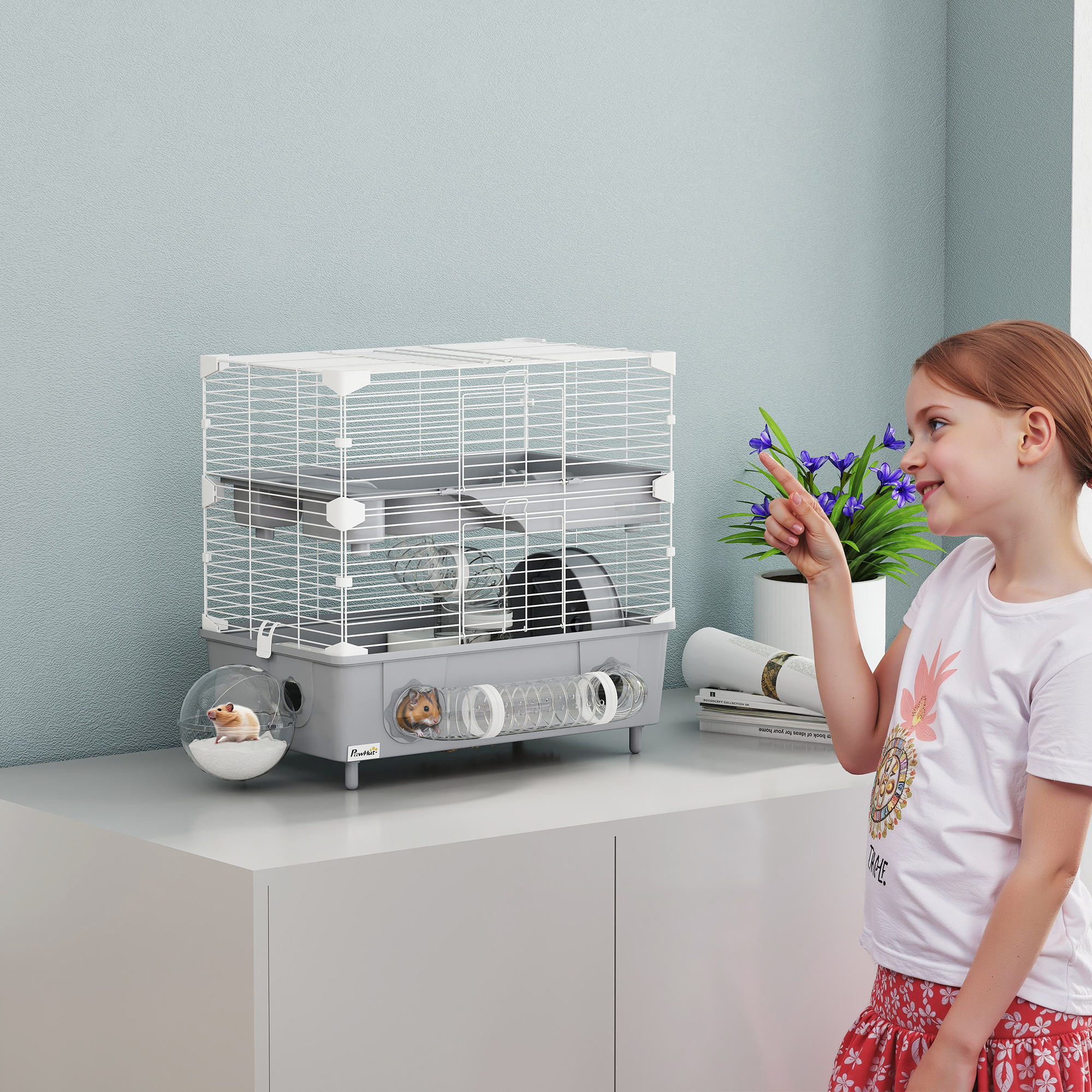 PawHut Hamsterkäfig mit 2 Etagen und 3 Türen mit Laufrad, Streu und Spielrö günstig online kaufen