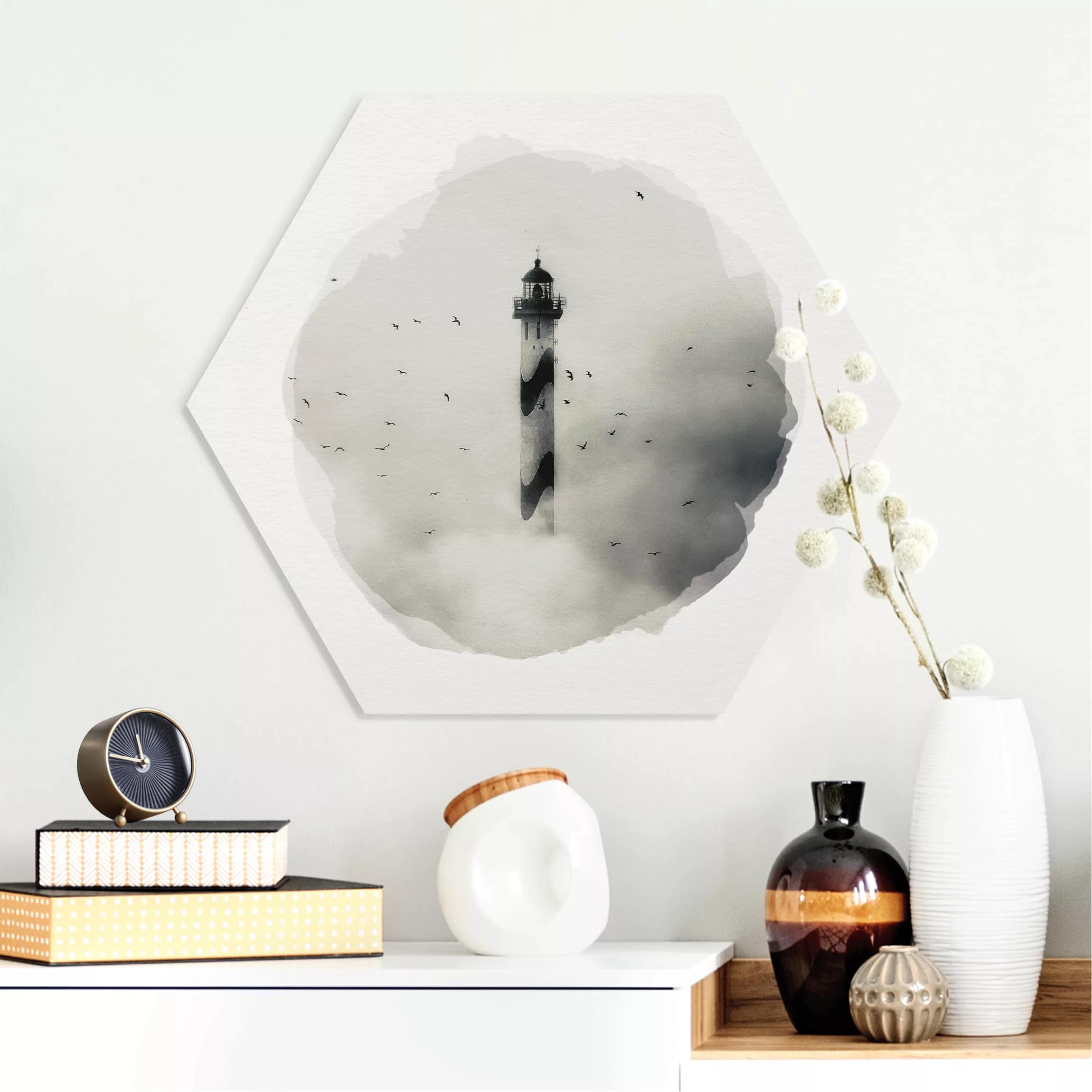 Hexagon-Forexbild Wasserfarben - Leuchtturm im Nebel günstig online kaufen