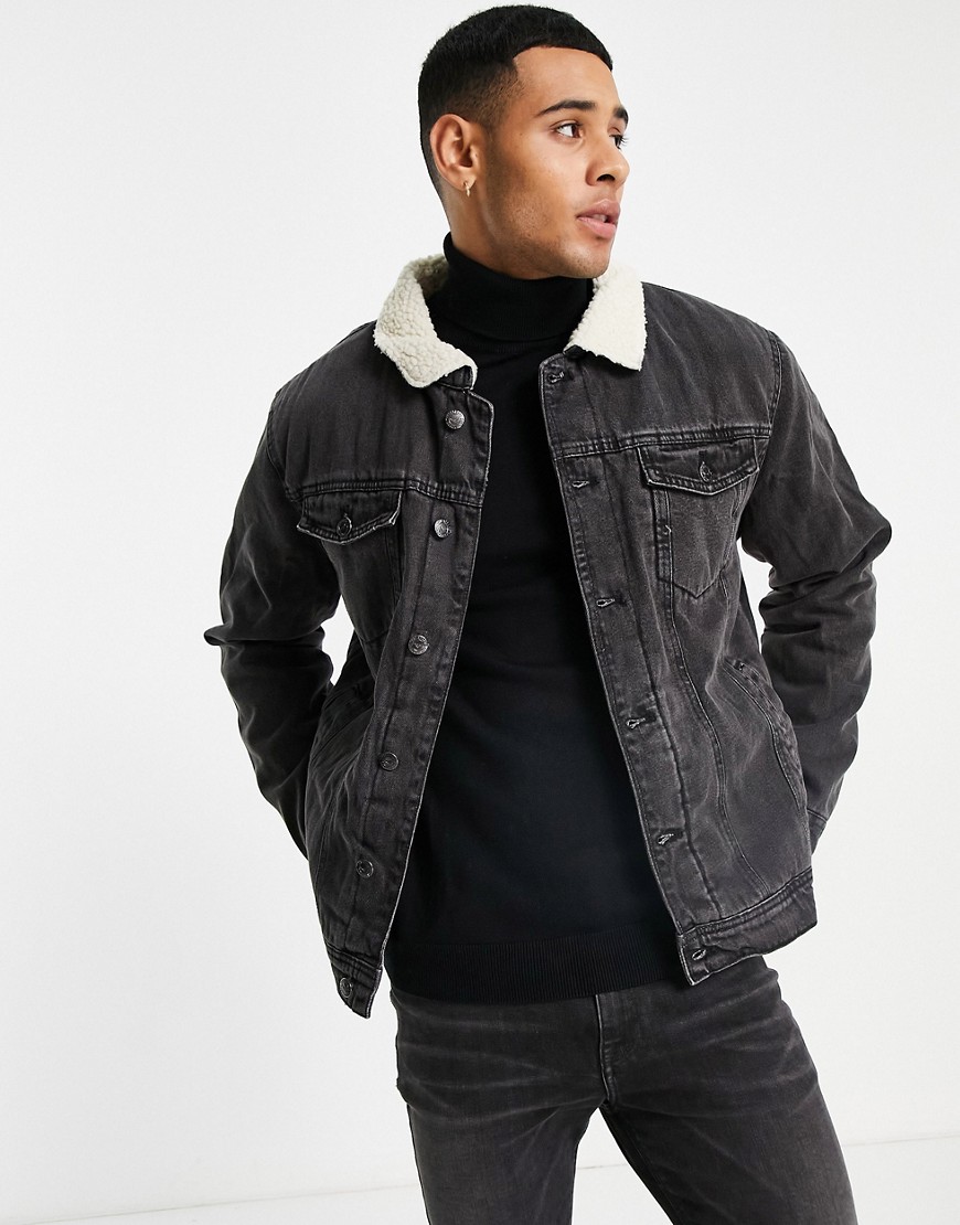 Threadbare – Jeansjacke in Schwarz mit Futter und Kragen aus Sherpa-Fleece günstig online kaufen