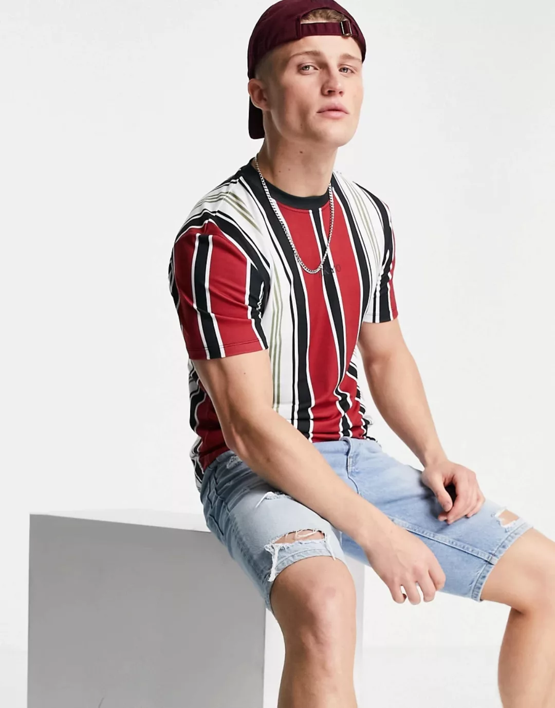 River Island – Gestreiftes T-Shirt in Dunkelrot günstig online kaufen