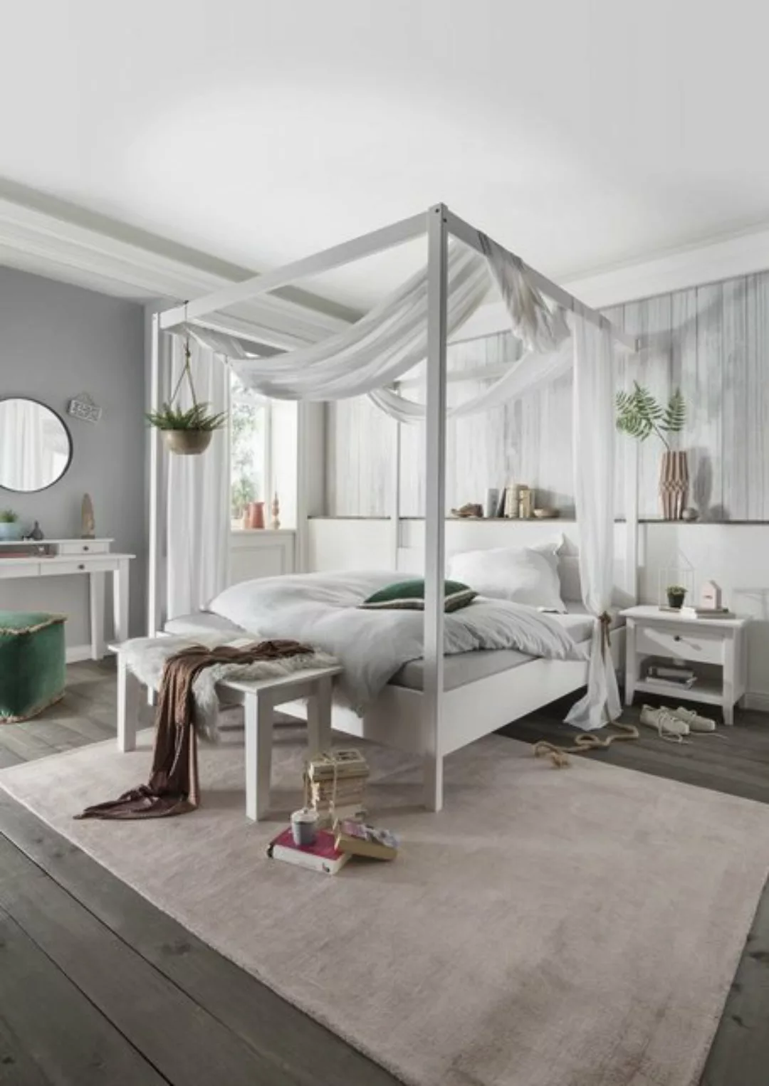 Natur24 Einzelbett Himmelbett Bett 160x200 Kiefer Weiß Massiv günstig online kaufen