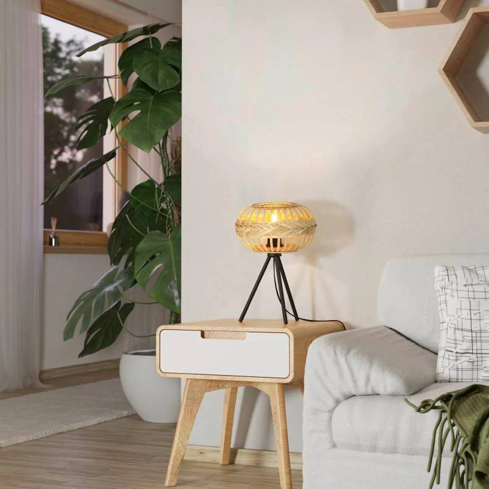 EGLO Amsfield 1 Tischleuchte aus Holz, Dreibein günstig online kaufen