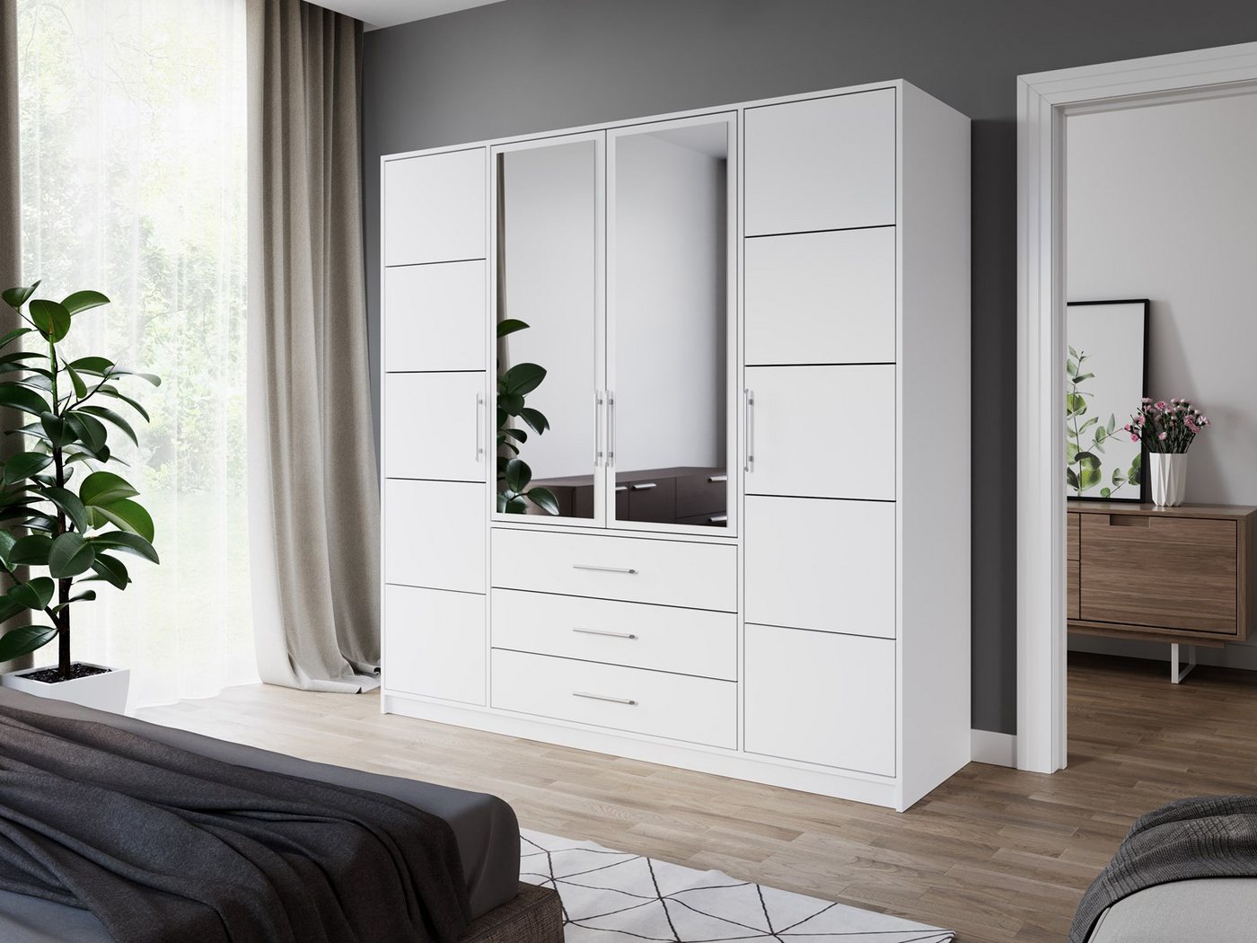 Compleo Kleiderschrank mit 3 Schubladen und Spiegel, viertürig ALEX praktis günstig online kaufen