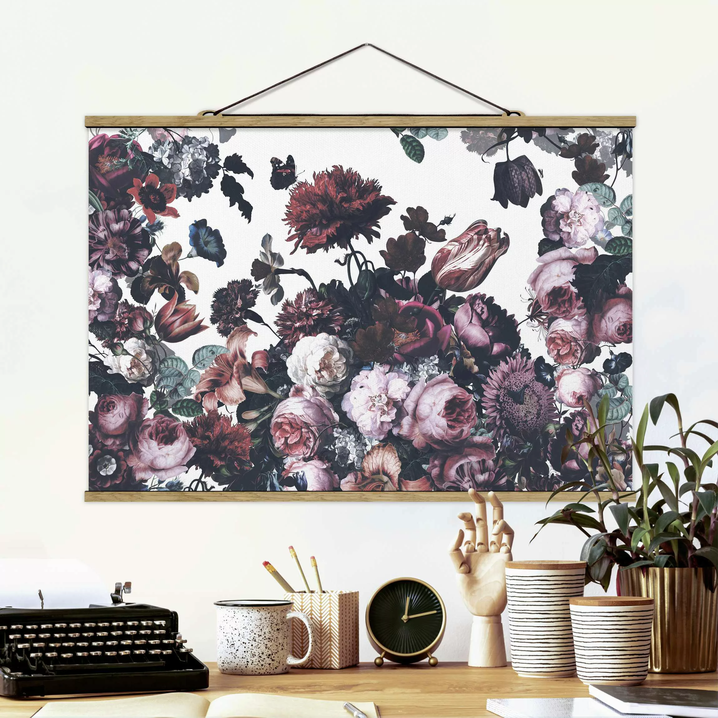 Stoffbild mit Posterleisten Altmeisterlicher Blumenrausch mit Rosen Bouquet günstig online kaufen