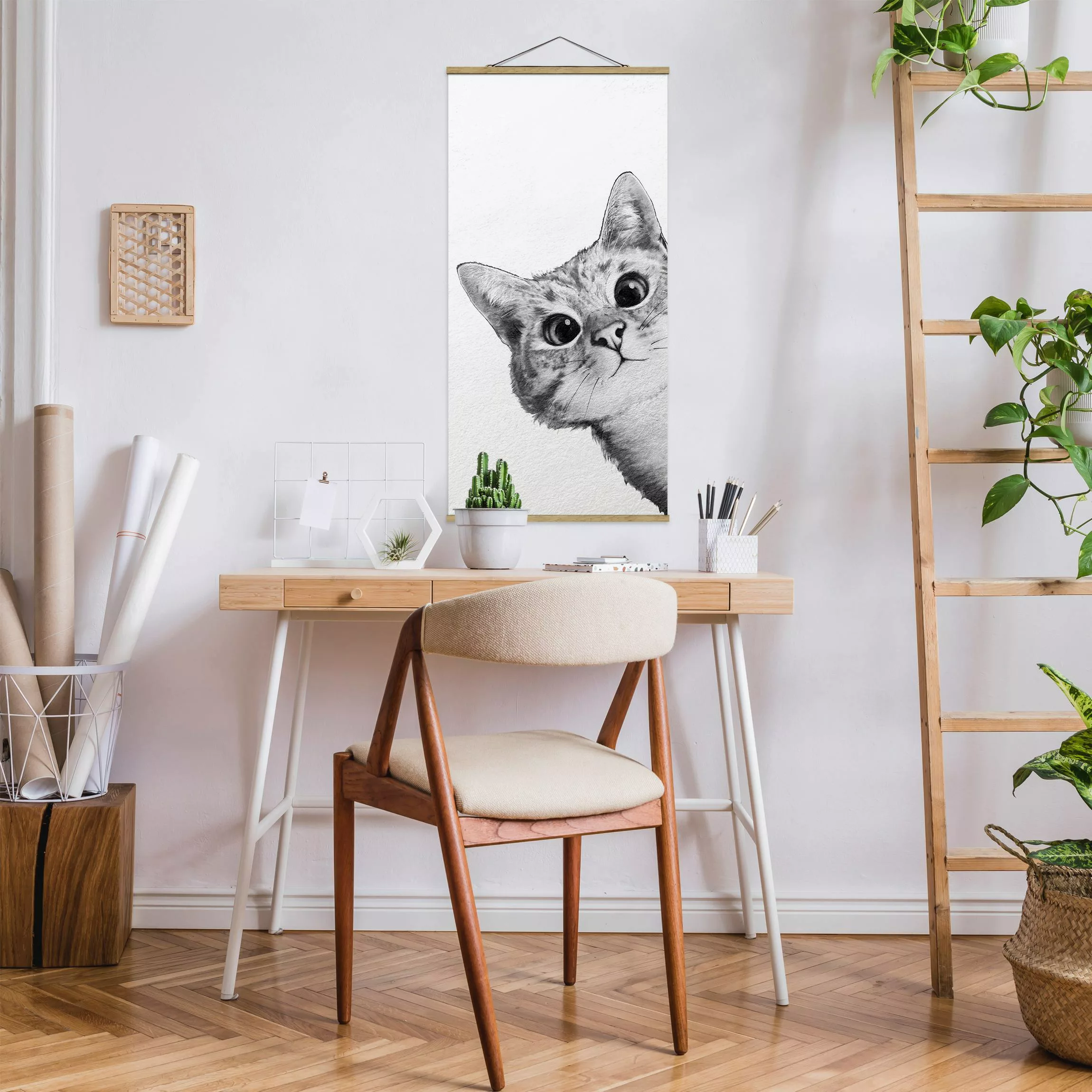 Stoffbild Tiere mit Posterleisten - Hochformat Illustration Katze Zeichnung günstig online kaufen